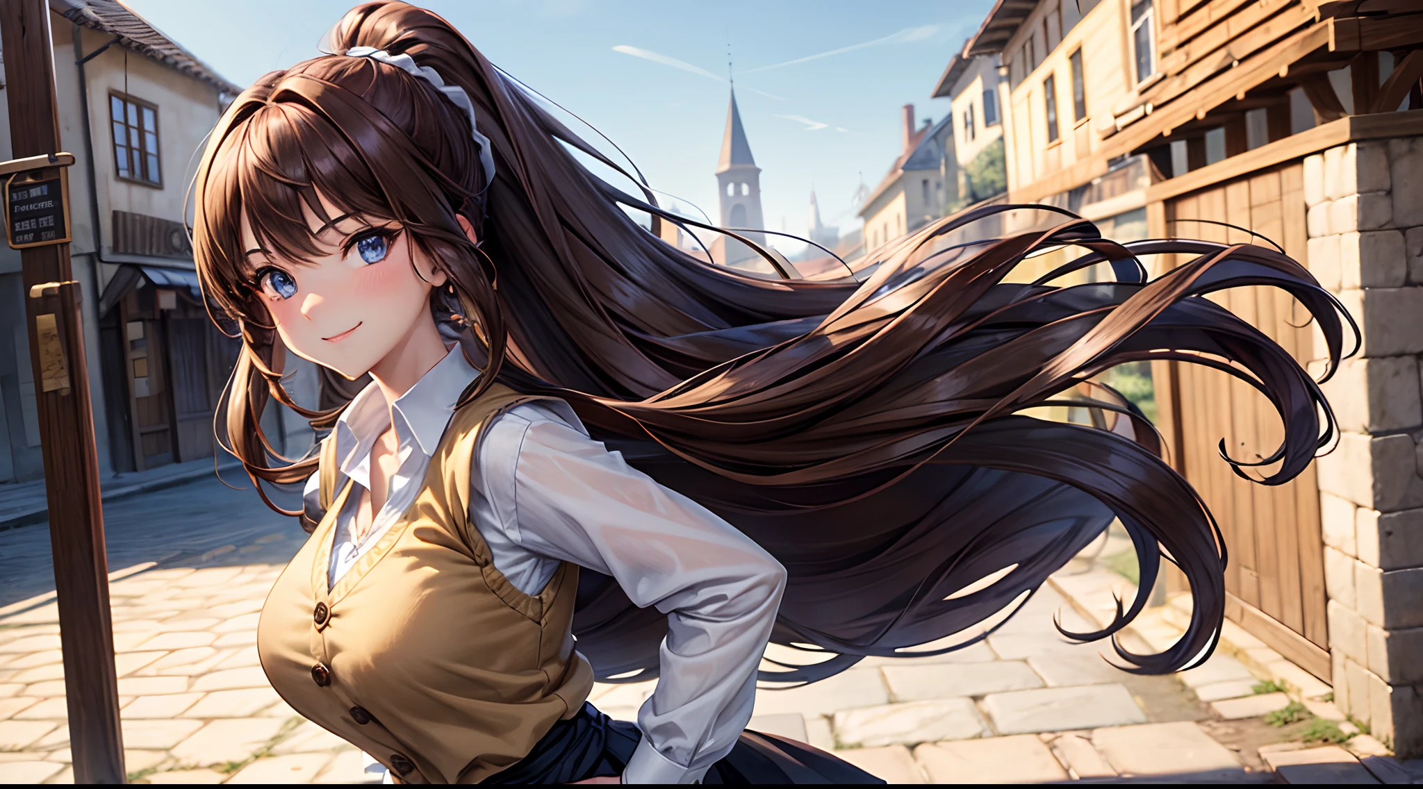 1girl, solo, front view, full body, medieval village, street, long hair, brown hair, ponytail, curly hair, large breasts, white shirt, button down, ((opened shirt)), short-sleeved shirt, ((brown vest sweeter)), dark blue eyes, smile, long skirt, looking at the viewer, hands on hip
