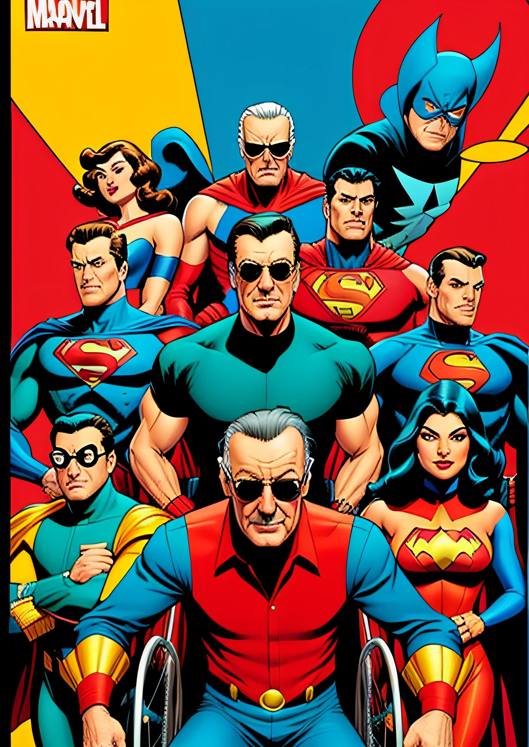 A cartoon of a man in a wheelchair surrounded by a bunch of superheroes, Stan Lee, john romita senior, john romita junior, inspirado em Al Feldstein, inspirado em Harvey Kurtzman, Directed by: Randy Gallegos, sem texto, inspirado em Stan Stokes, No estilo da Marvel e DC, inspirado em Chip Zdarsky, Directed by: Ignacio Zuloaga