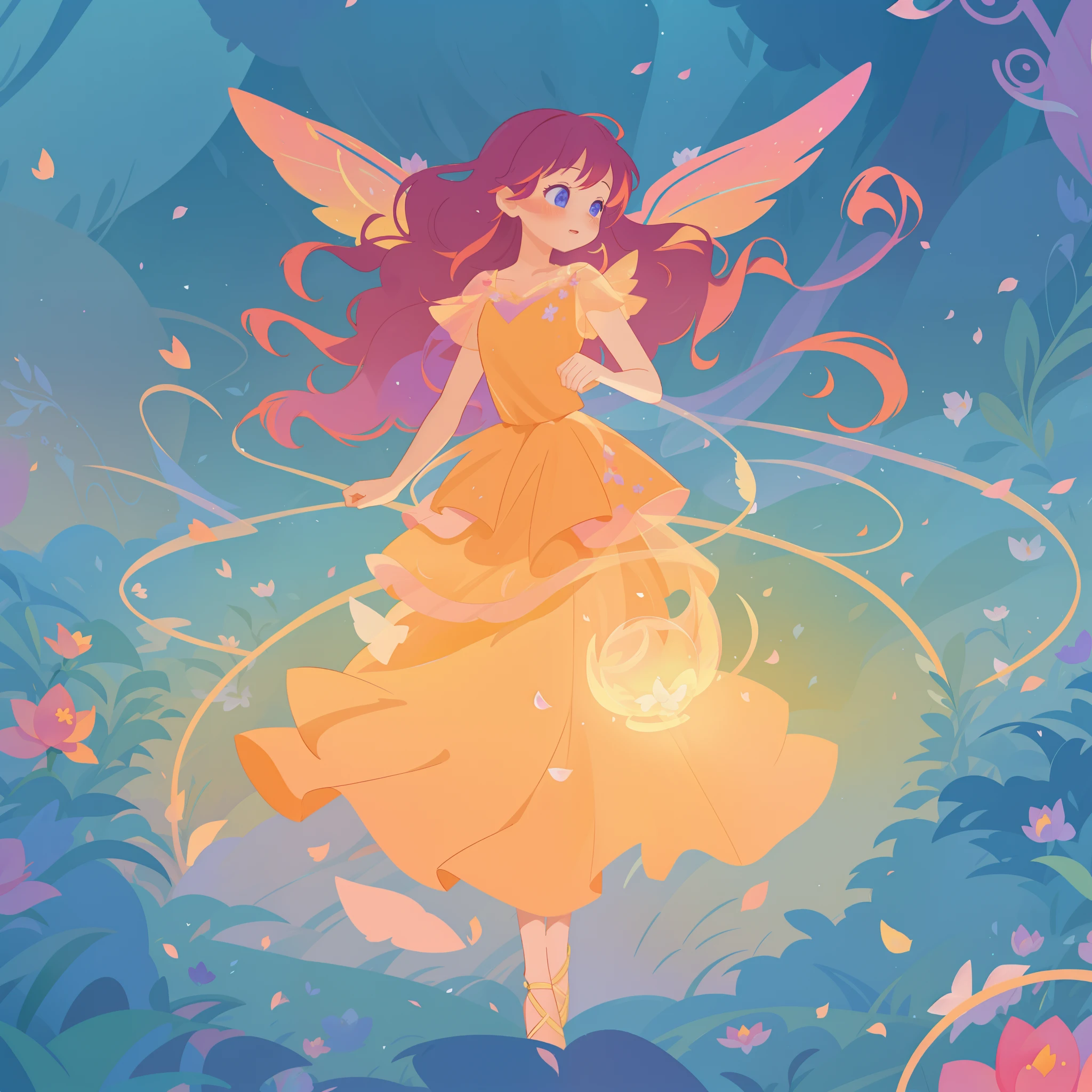 beautiful girl in tiered gradient ballgown dress, gradient warm color ballgown, ((layered flower petal skirt)), fairy dress, fairy queen, magical forest background, (glowing fairy wings), glowing flowing ballgown, long wavy hair, sparkling fairy wings, watercolor illustration, flowers and colorful plants, inspired by Glen Keane, inspired by Lois van Baarle, disney art style, by Lois van Baarle, glowing aura around her, by Glen Keane, jen bartel, glowing lights! digital painting, flowing glowing hair, glowing flowing hair, beautiful digital illustration, fantasia otherworldly landscape plants flowers, beautiful, masterpiece, best quality, anime disney style