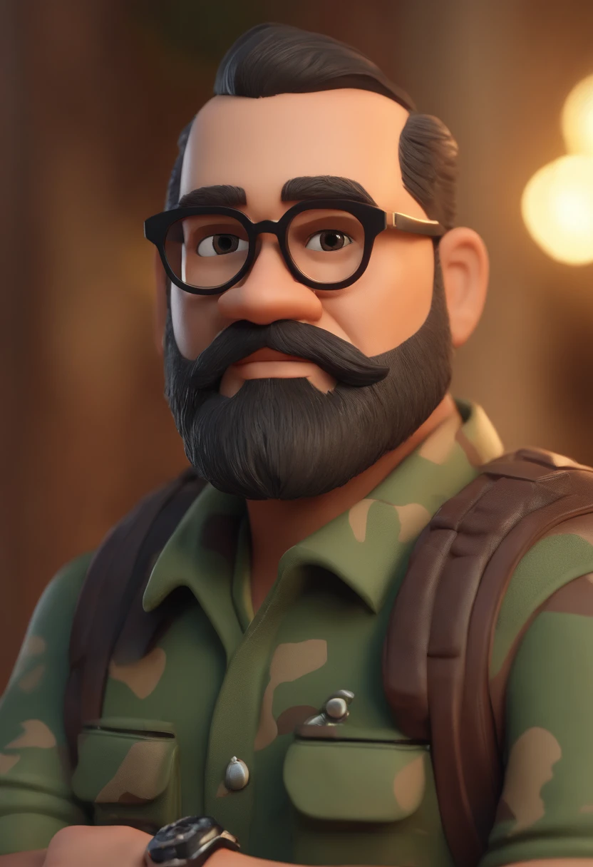 Cartoon character of a man with black glasses and a camouflage shirt, cabelo curto liso, With beard and old school tattoo on his arm, animation character, Caractere estilizado, animation style rendering, 3D estilizado, Arnold Maya render, 3 d render stylized, toon render keyshot, Personagem 3D, Personagem 3D, 3d rendering stylized, 3 d character render, personagem de desenho animado, Personagem de close up, Pose de personagem, (Estilo Pixar) (master part:1.2) (Bokeh) (best quality) (pele detalhada) (textura detalhada) (8k) (argila) (Cinematic lighting) (foco nítido, observando passaros com lente zoom