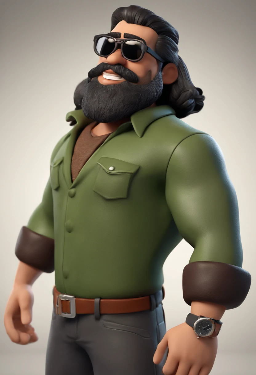 Cartoon character of a man with black glasses and a camouflage shirt, cabelo curto liso, With beard and old school tattoo on his arm, animation character, Caractere estilizado, animation style rendering, 3D estilizado, Arnold Maya render, 3 d render stylized, toon render keyshot, Personagem 3D, Personagem 3D, 3d rendering stylized, 3 d character render, personagem de desenho animado, Personagem de close up, Pose de personagem,  (Estilo Pixar) (master part:1.2) (Bokeh) (best quality) (pele detalhada) (textura detalhada) (8k) (argila) (Cinematic lighting) (foco nítido, observando passaros com lente zoom