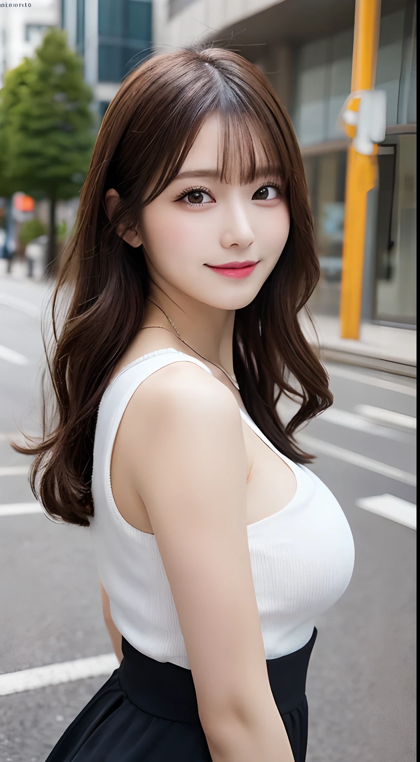 masutepiece, Best Quality, Illustration, Ultra-detailed, finely detail, hight resolution, 8K Wallpaper, Perfect dynamic composition, Beautiful detailed eyes, summer  dress,Medium Hair, Big breasts, Natural Color Lip, Random and sexy poses,Smile,Aoyama Street Walk、20 years girl、Cute