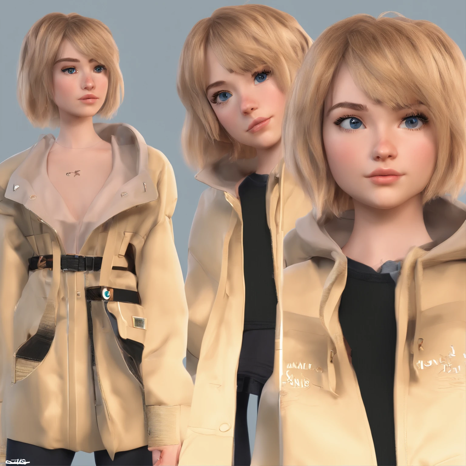 Girl with shortish fluffy blonde hair with sideswept bangs, pale skin with freckles,dark blue eyes, black eyeshadow and black eyeliner. Wears black unzipped hoodie with a black cropped top,dark green baggy jeans,a black Y2K belt and black converse. DreamWorks style, high quality.