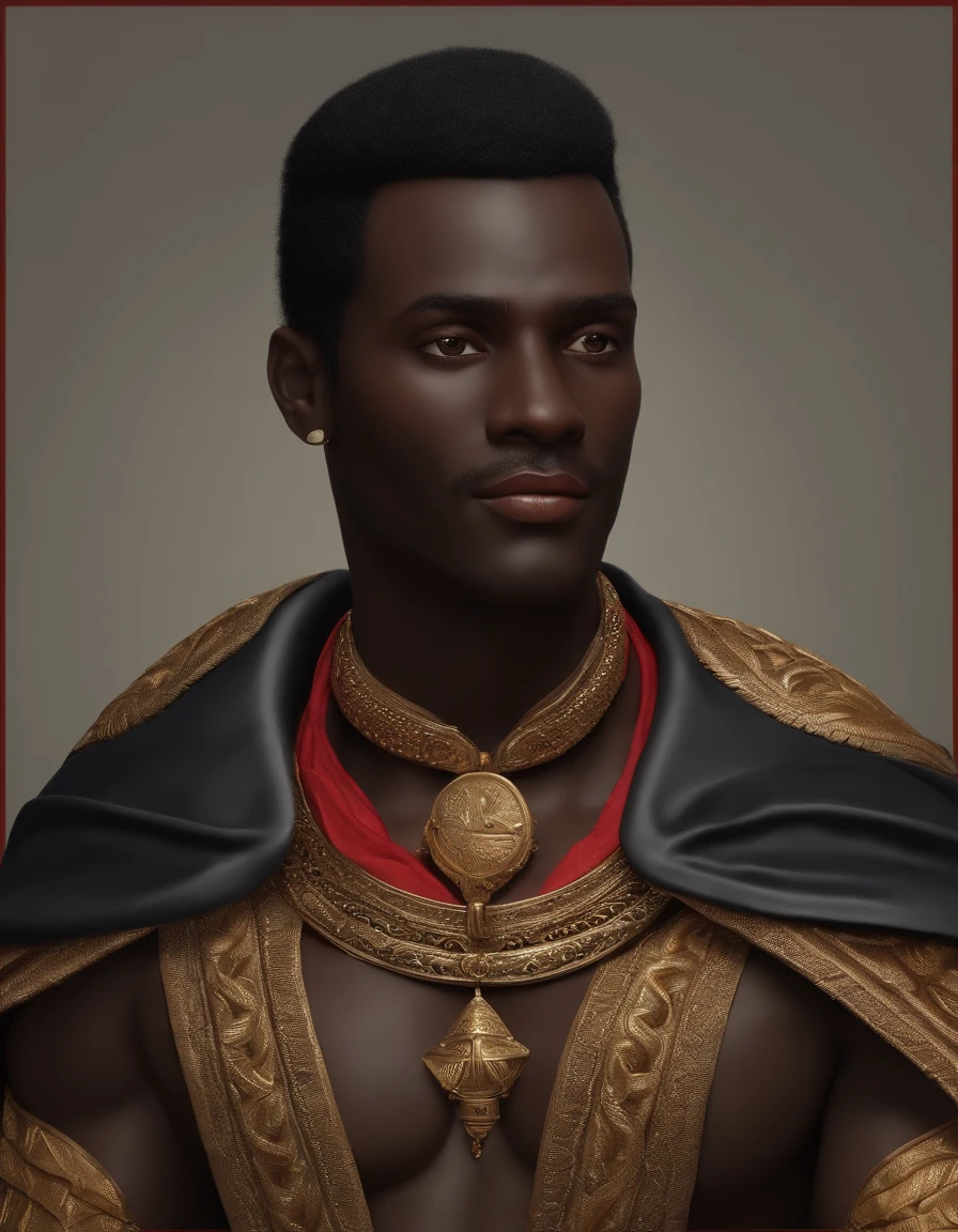 Man with black skin, souriant, arched eyebrows, Porter un haut-de-forme ????, Longs favoris, barbiche triangulaire, Porter une cape noire, torse nu, tenant un trident, Ultra detailded, ultra realist, 8k
