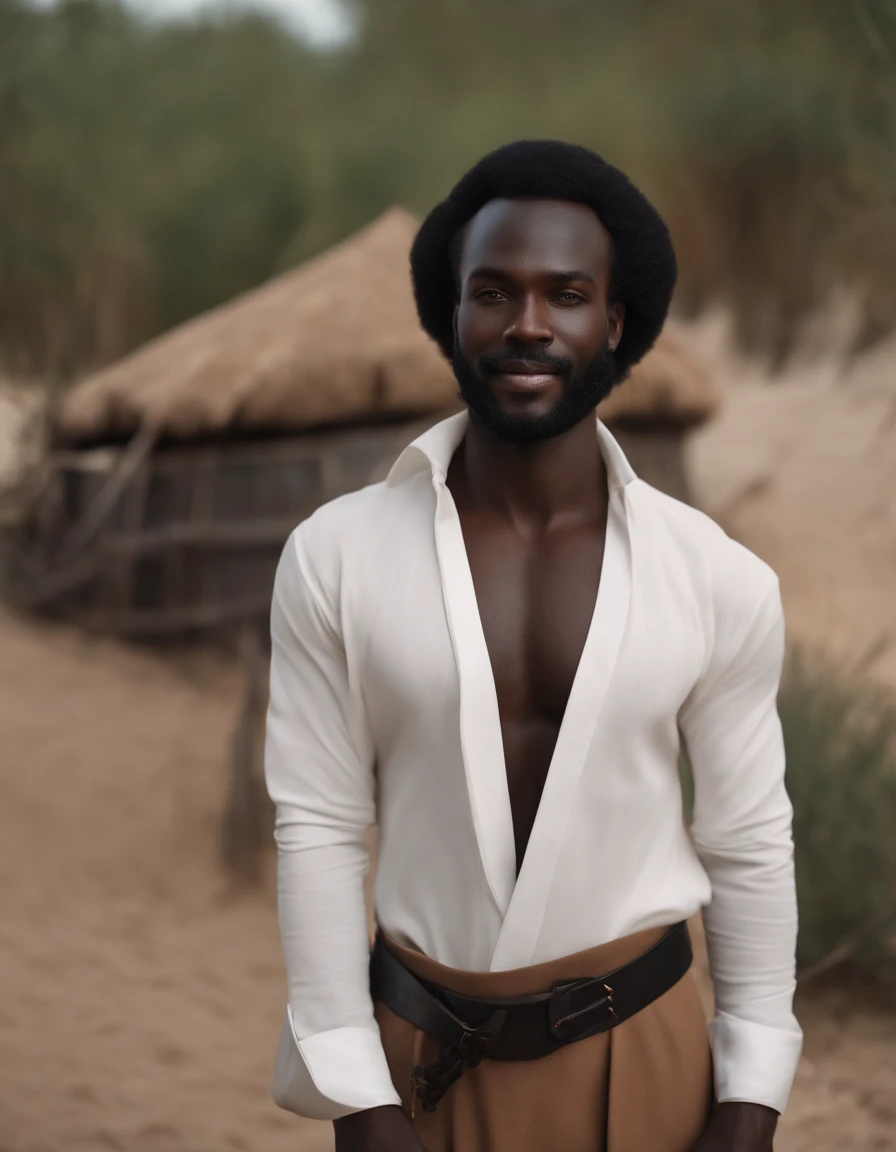 Man with black skin, souriant, arched eyebrows, Porter un haut-de-forme noir, Longs favoris, barbiche triangulaire, Porter une cape noire, torse nu, tenant un trident, Ultra detailded, ultra realist, 8k