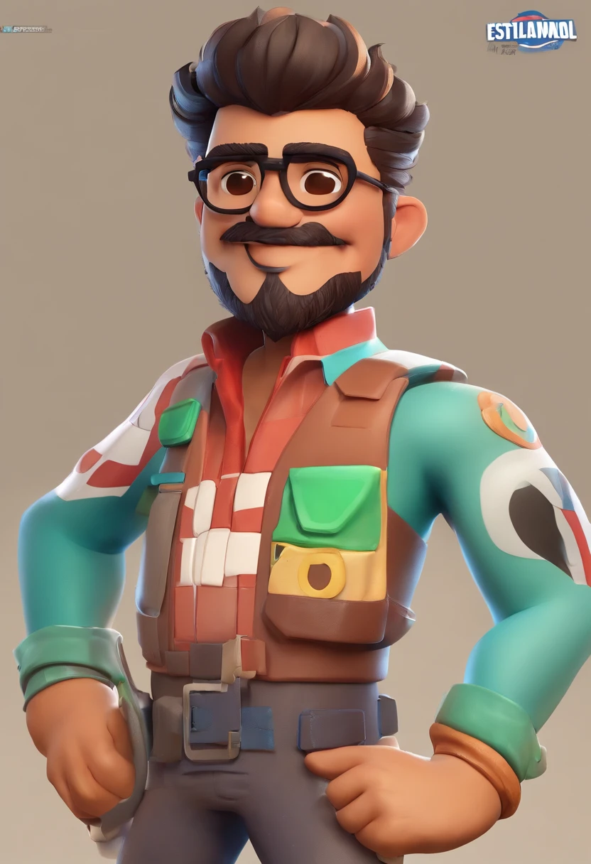 Personagem dos desenhos animados de um homem negro claro, with black eyeglasses, cabelo careca, barba e bigode baixo e muito curto, uma camisa azul, animation character, Caractere estilizado, animation style rendering, 3D estilizado, Arnold Maya render, 3d stylized rendering, toon render keyshot, Personagem 3D, Personagem 3D, 3d rendering stylized, 3 d character render, personagem de desenho animado, Personagem de close up, Pose de personagem, (Estilo Pixar) (master part:1.2) (Bokeh) (melhor qualidade) (pele detalhada) (textura detalhada) (4k) (argila) (Cinematic lighting) (foco nítido)