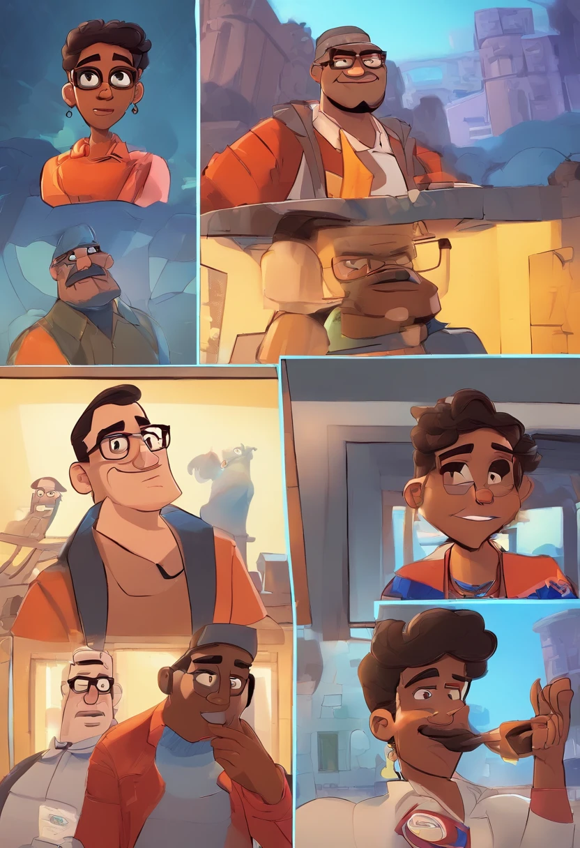 Personagem dos desenhos animados de um homem negro claro, with black eyeglasses, cabelo careca, barba e bigode baixo e muito curto, uma camisa azul, animation character, Caractere estilizado, animation style rendering, 3D estilizado, Arnold Maya render, 3d stylized rendering, toon render keyshot, Personagem 3D, Personagem 3D, 3d rendering stylized, 3 d character render, personagem de desenho animado, Personagem de close up, Pose de personagem, (Estilo Pixar) (master part:1.2) (Bokeh) (melhor qualidade) (pele detalhada) (textura detalhada) (4k) (argila) (Cinematic lighting) (foco nítido)