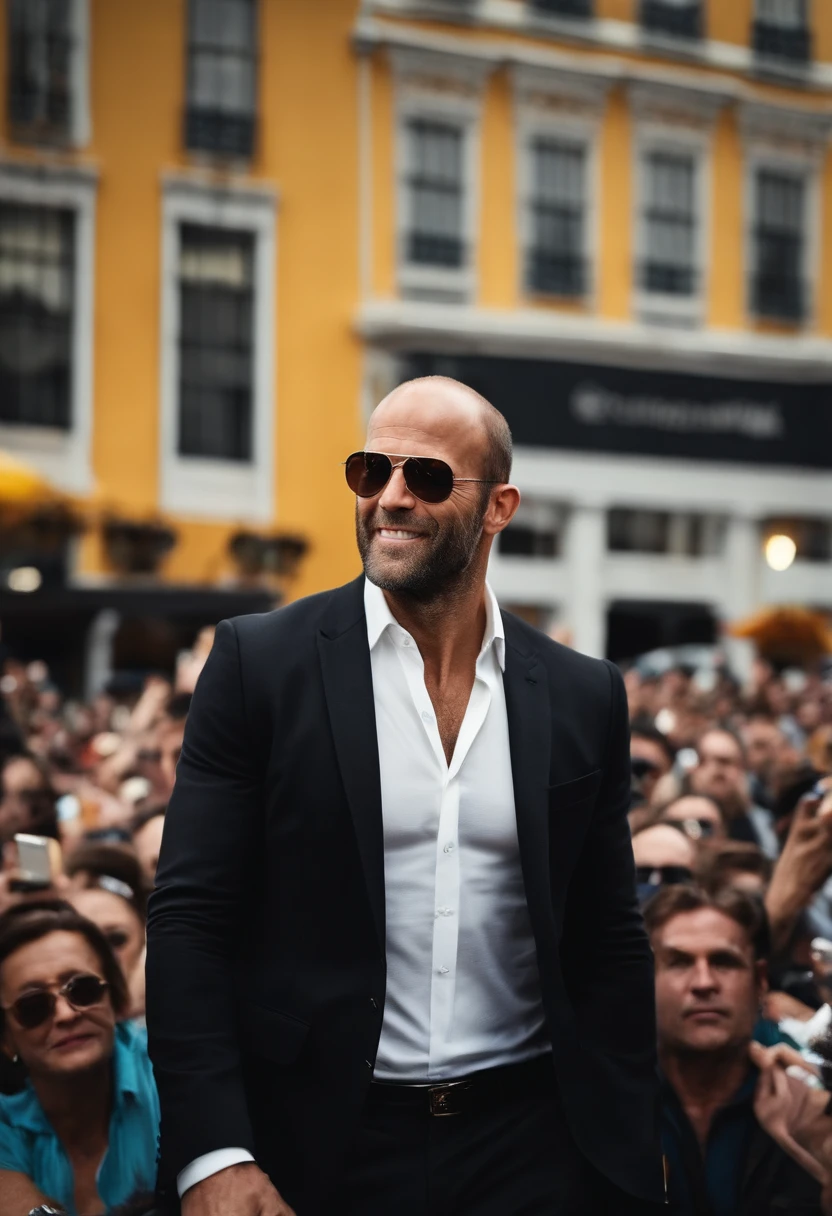 A man in a suit and sunglasses standing in front of a crowd - SeaArt AI
