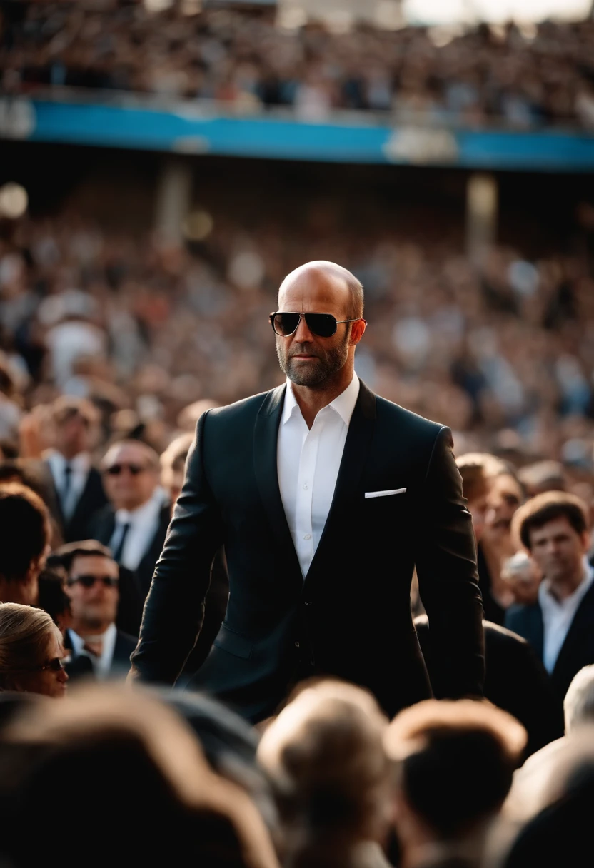 Criar uma imagem realista de uma homem brasileiro, with an average age of 45 years, careca com barba estilo com o ator de hollywood Jason Statham, Wearing a black suit with a white shirt and in the background a crowd coming out of a forum building