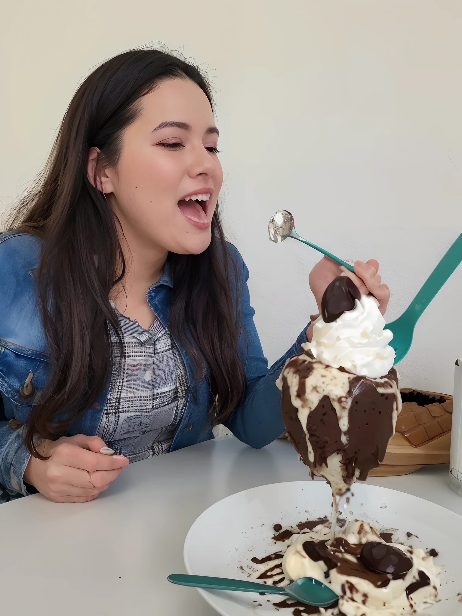 woman eating a chocolate sundae with whipped cream and a spoon, eating ice cream, eating ice - cream, eating, ice cream on the side, eating cakes, mukbang, dessert, smothered in melted chocolate, whipped cream on top, yummy, devouring, chocolate, about to consume you, licking out, photo taken in 2 0 2 0, having a great time