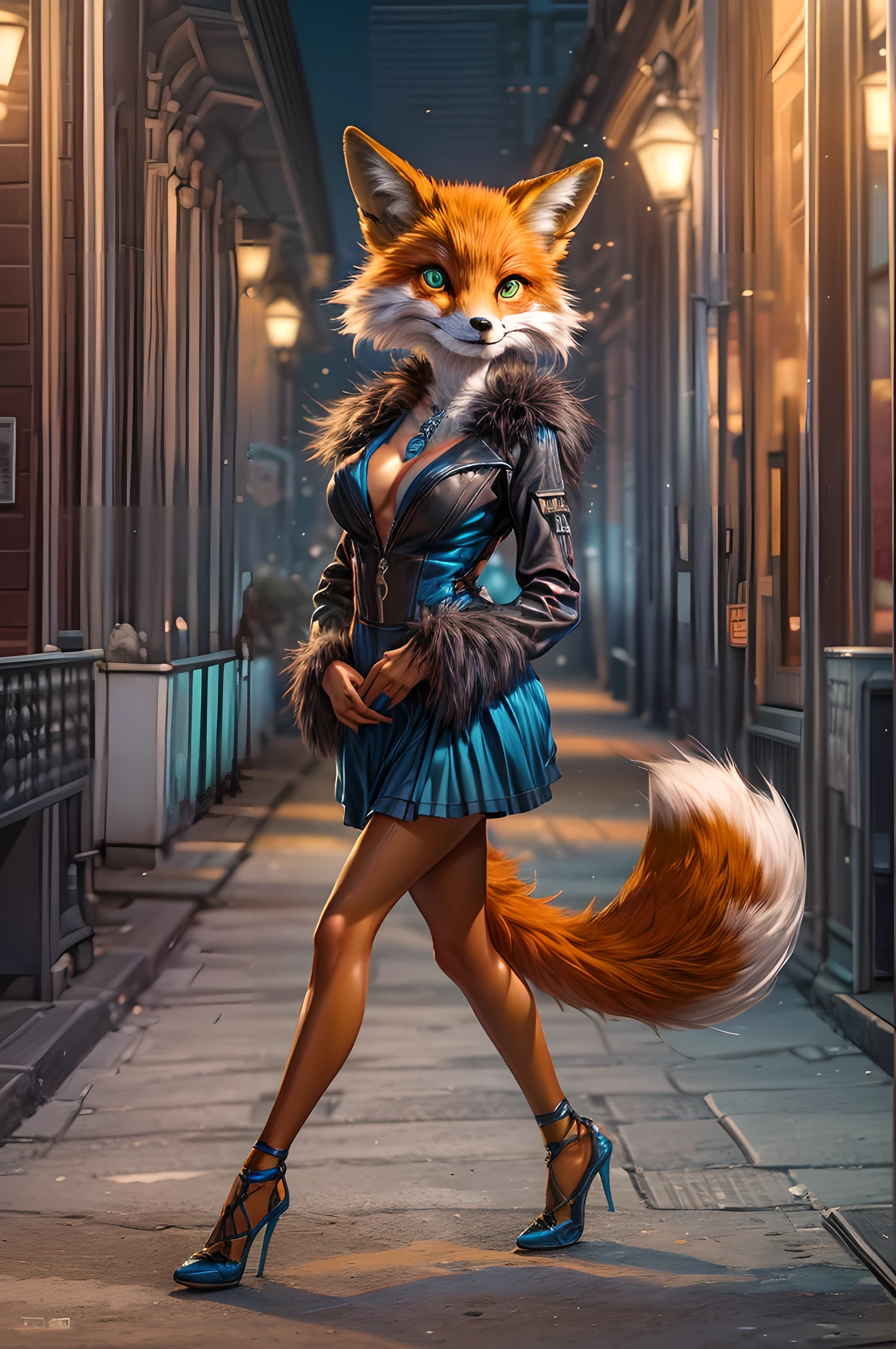 beautiful female (fox anthromorphic: 1.3) model, orange fur, green eyes, sexy blue dress,high heels,fashion model walkway background,(photorealistic,realistic:1.37),(best quality,16k,ultra high definition,UHD:1.2),fox anthromorphic