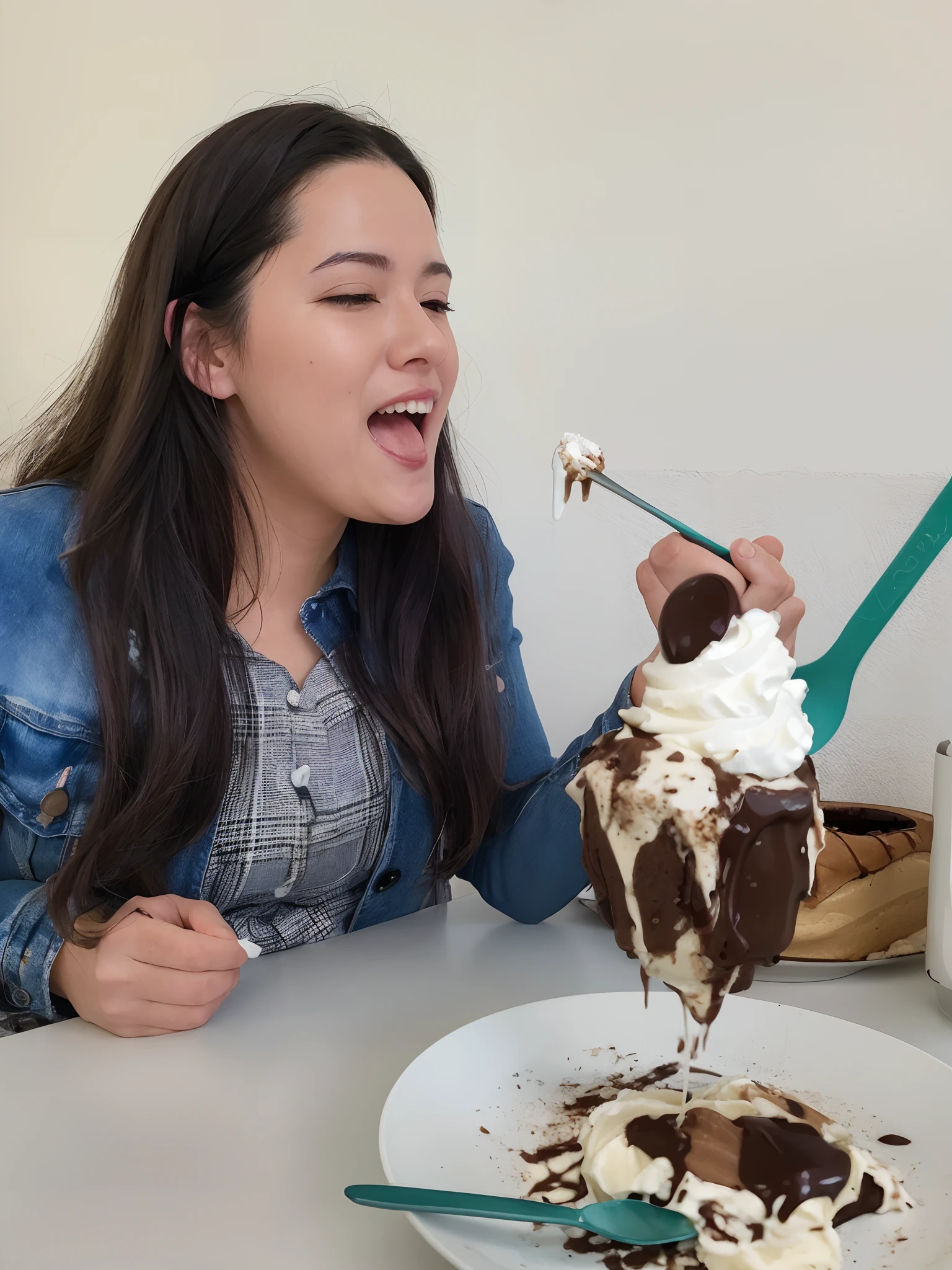 woman eating a chocolate sundae with whipped cream and a spoon, eating ice cream, eating ice - cream, eating, ice cream on the side, eating cakes, mukbang, dessert, smothered in melted chocolate, whipped cream on top, yummy, devouring, chocolate, about to consume you, licking out, photo taken in 2 0 2 0, having a great time
