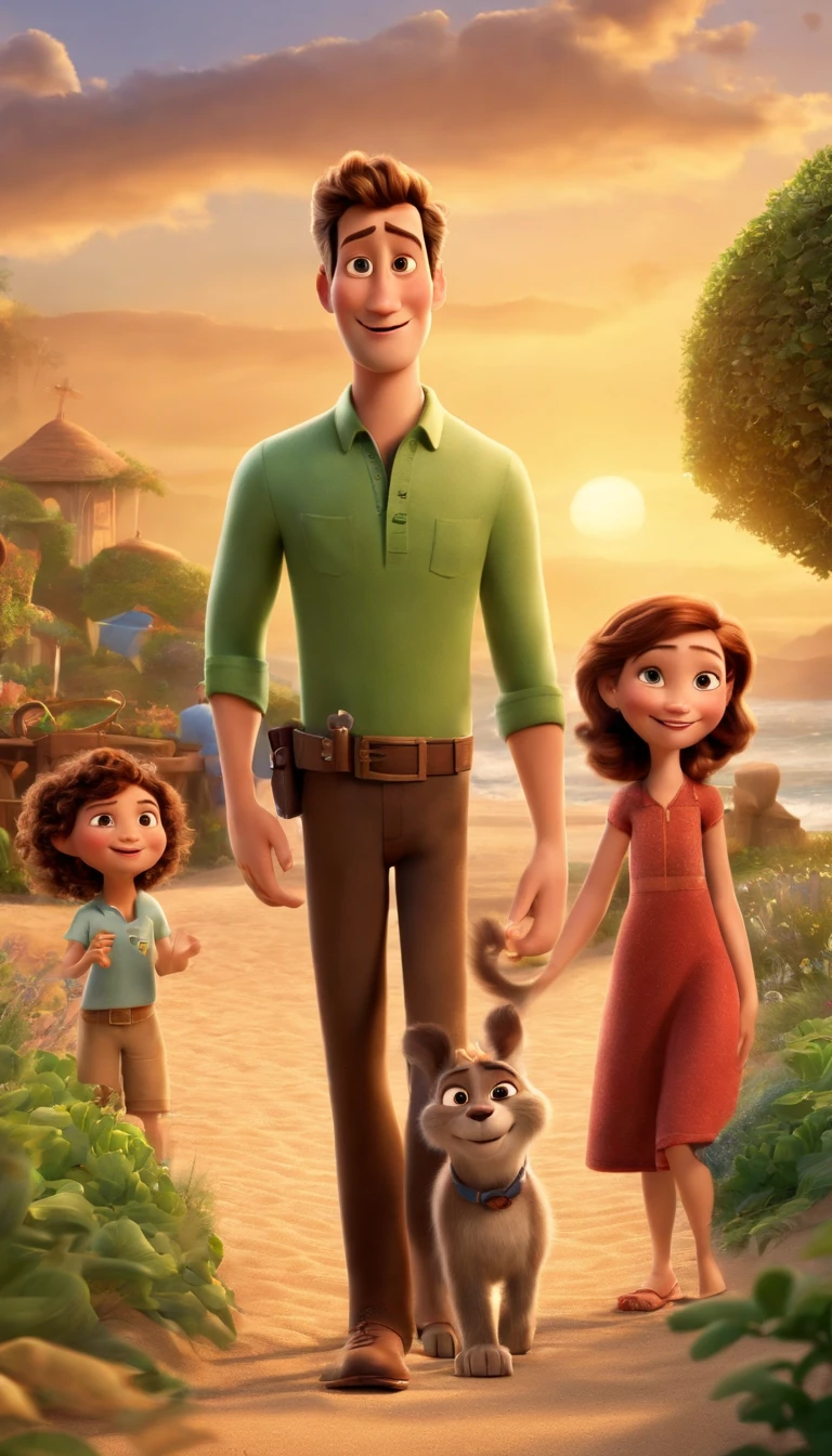 a movie poster by Disney Pixar spotting a white-skin family. The father is the tallest, has green eyes and short brown hair and short beard, brown, short and spikey hair. The mom has brown eyes and hair, at shoulder-lenght and is slightly overweight. The little boy is 3-years old and has brown eyes and hair and plays with a little train The background is a beach garden. 3d render