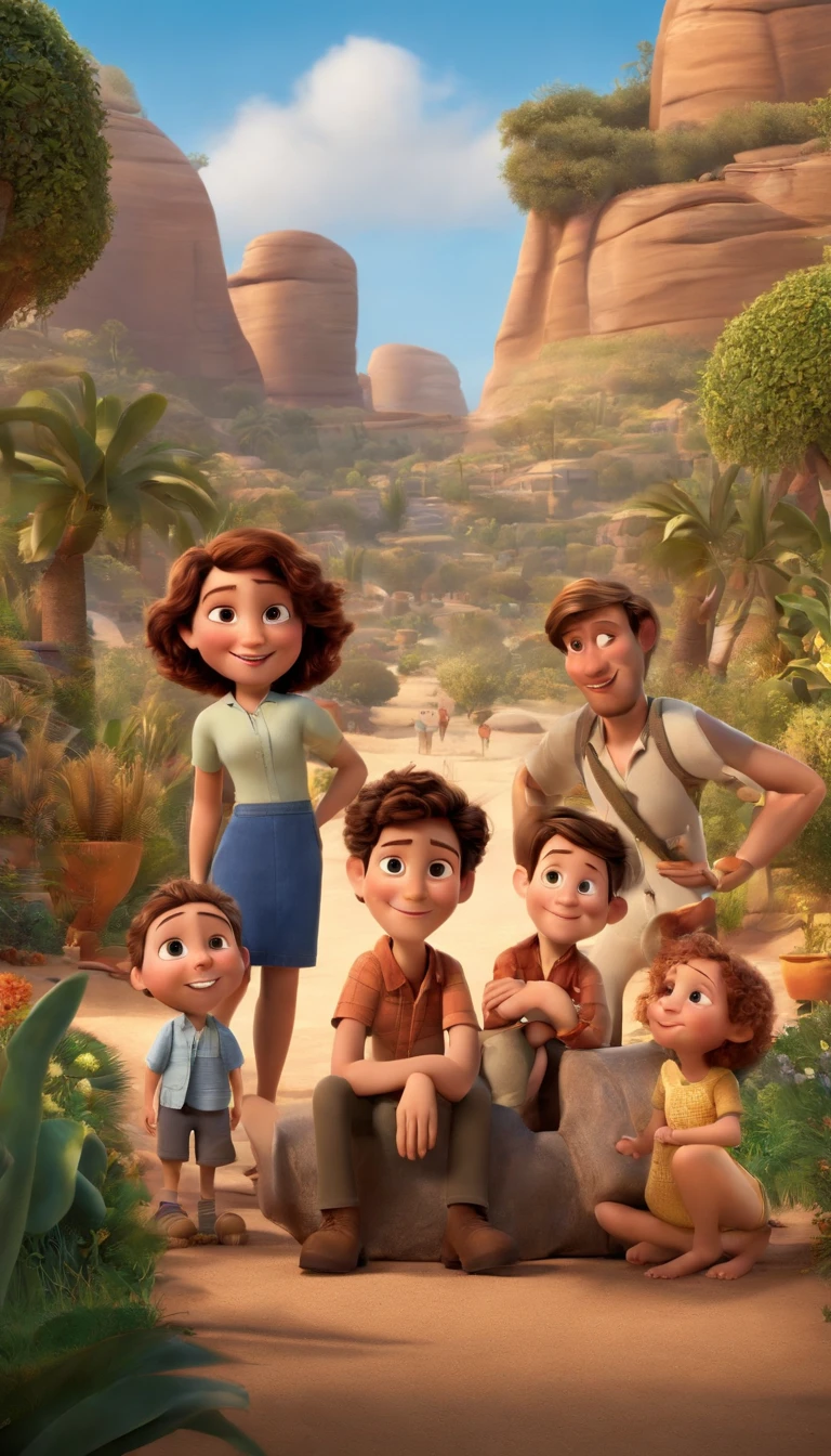 a movie poster by Disney Pixar spotting a white-skin family. The father is the tallest, has green eyes and short brown hair and short beard, brown, short and spikey hair. The mom has brown eyes and hair, at shoulder-lenght and is slightly overweight. The little boy is 3-years old and has brown eyes and hair and plays with a little train The background is a beach garden. 3d render
