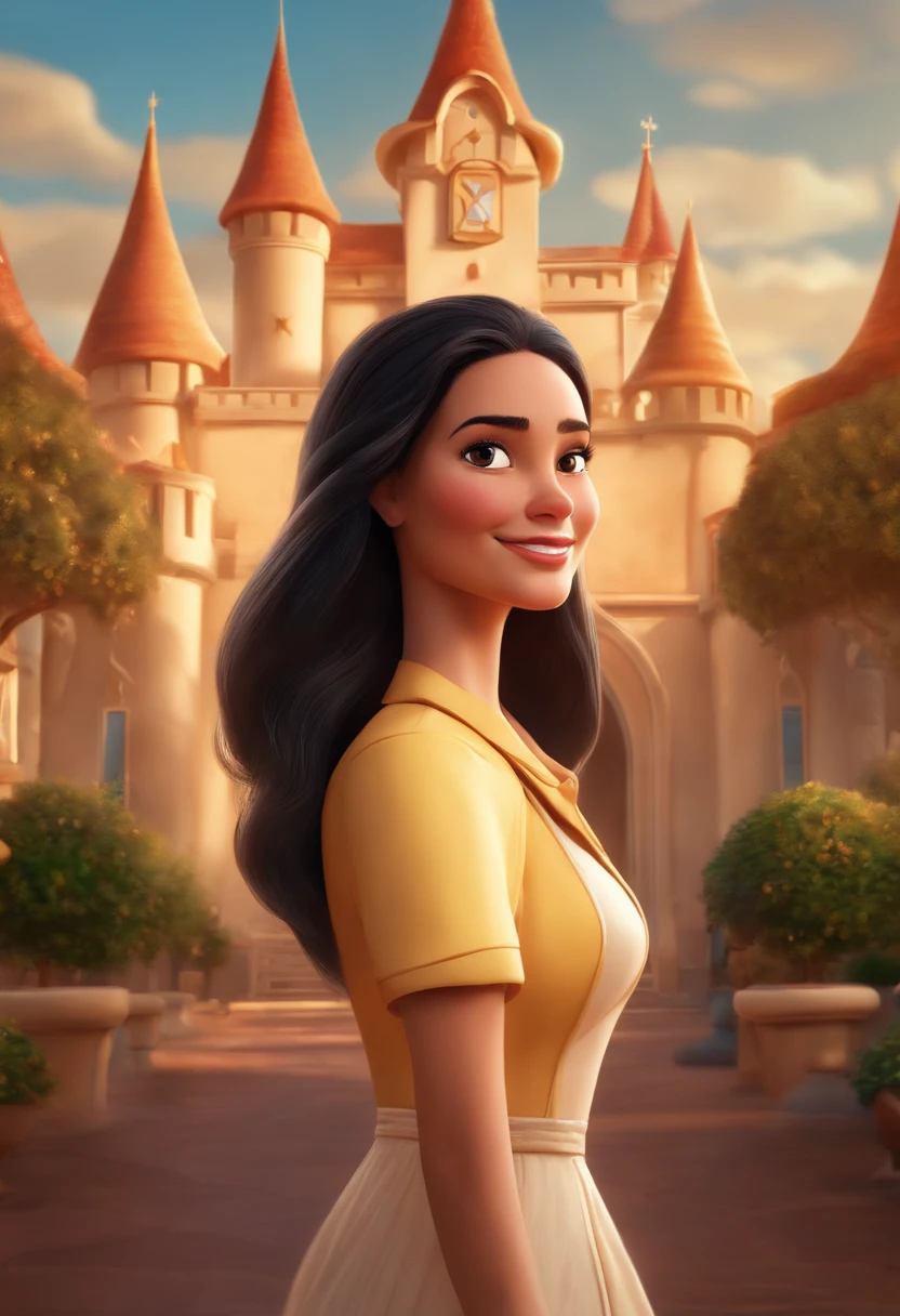 (Disney Pixar style film poster, 8k, high resolution, digital art,) digital art, Smiling WHITE woman in A CLOTHES, cute woman, (hot woman, cute), 8k image, photo of a WHITE woman, STRAIGHT BLACK hair , LONG hair, 40 year old woman, BROWN EYES, FULL BODY, Disney Princess character of a woman with LONG, STRAIGHT hair with golden highlights, HOT body, looking forward, facing the camera, characters, woman WITH GLASSES BLACK SQUARE, beautiful digital illustration, in digital illustration style, character design portrait, (1pixar style, Disney style, digital art)