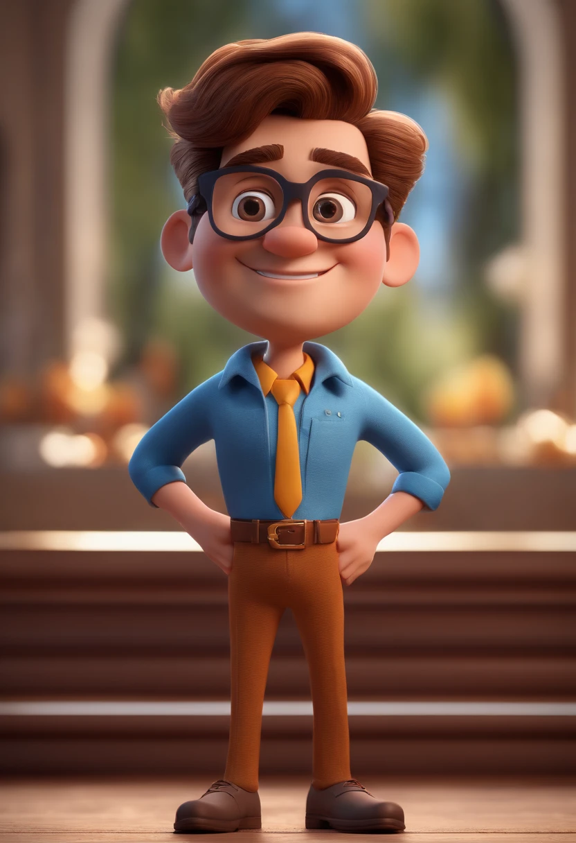 Cartoon character of a man with black glasses and a blue shirt, animation character, Caractere estilizado, animation style rendering, 3D estilizado, Arnold Maya render, 3 d render stylized, toon render keyshot, Personagem 3D, Personagem 3D, 3d rendering stylized, 3 d character render, personagem de desenho animado, Personagem de close up, Pose de personagem, (Estilo Pixar) (master part:1.2) (Bokeh) (best quality) (pele detalhada) (textura detalhada) (8k) (argila) (Cinematic lighting) (foco nítido
