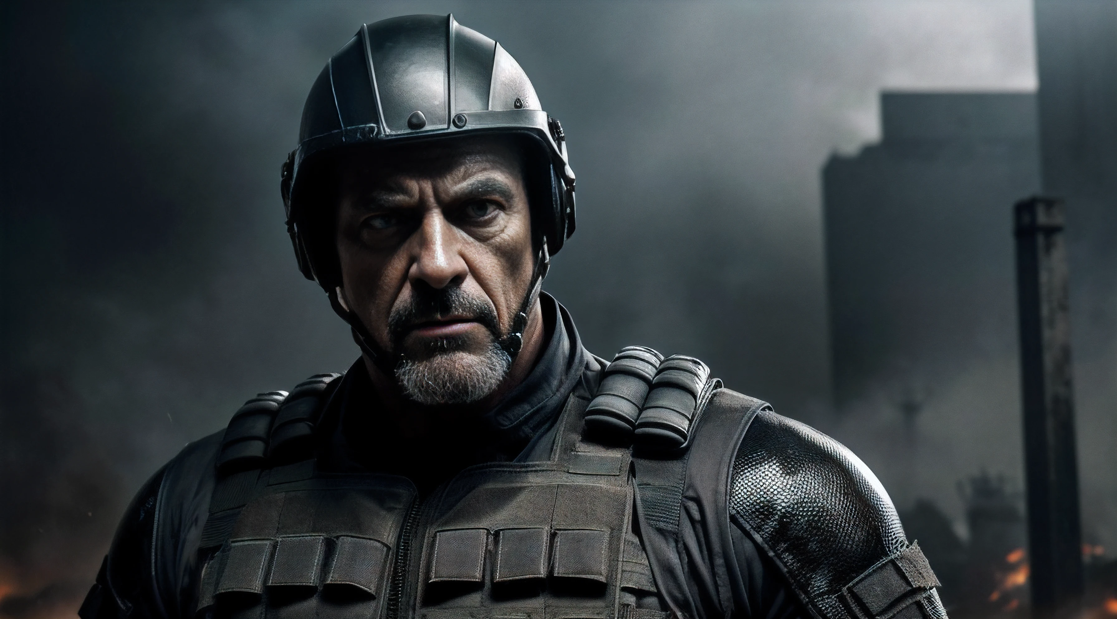 «»In this cinematic image, a menacing and ruthless antagonist of an action movie stands tall with an aura of power and danger. He exudes an intimidating presence with his muscular physique and a rugged, battle-worn appearance. The character is dressed in tactical gear, adorned with bulletproof vest, combat boots, and a tactical helmet. His face is marked with scars and a cold, piercing gaze that suggests a history of violence and cunning. The scene is set in a dimly lit industrial location, with a faint haze of smoke and flickering light adding to the atmosphere of suspense. The camera angle captures the antagonist in a close-up shot, emphasizing his intense expression and the details of his weathered features. The image resolution is 8K, enabling lifelike realism and intricate texture. Influenced by iconic action movie villains and the cinematic styles of acclaimed action movie directors. (((Cinematic Antagonist, Action Movie Villain, Intimidating Presence, Tactical Gear, Industrial Location, Close-Up Shot, 8K Resolution, Cinematic Style, Iconic Villains, Acclaimed Directors)))»»