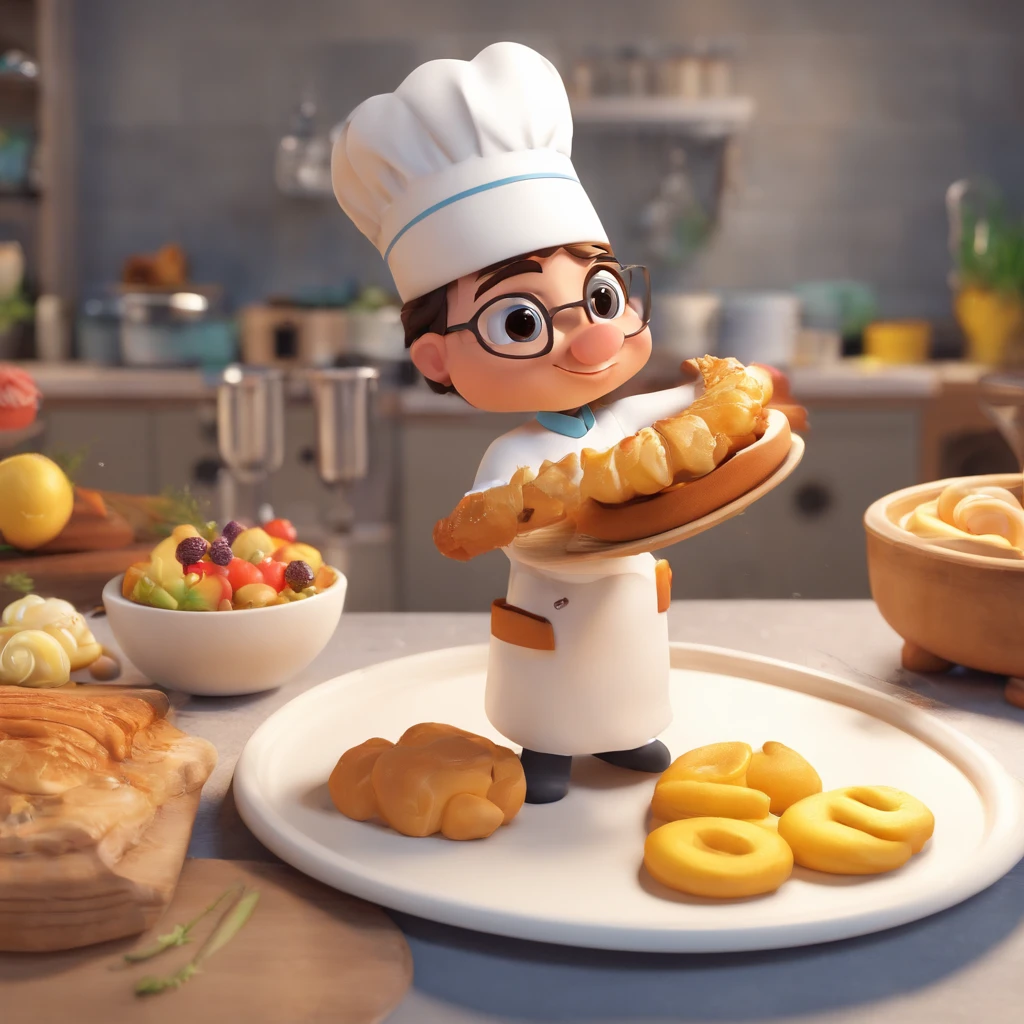Crie uma cena de desenho animado  estilo 3d -Pixar, Onde uma mulher, de cabelos castanho claro lisos de rabo de cavalo e  com 50 anos de idade esta vestida de master chefe cor de roupa amarela escrito Buchinho Cheio , She's cooking dressed as a pastry chef.