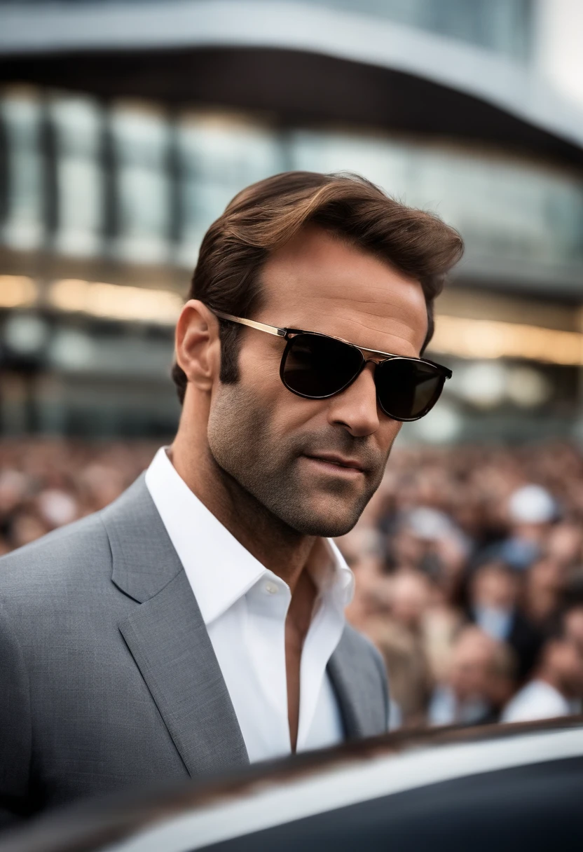 Criar uma imagem estilo Pixar de uma homem brasileiro, with an average age of 45 years, careca com barba estilo com o ator de hollywood Jason Statham, Wearing a black suit with a white shirt and in the background a crowd coming out of a forum building