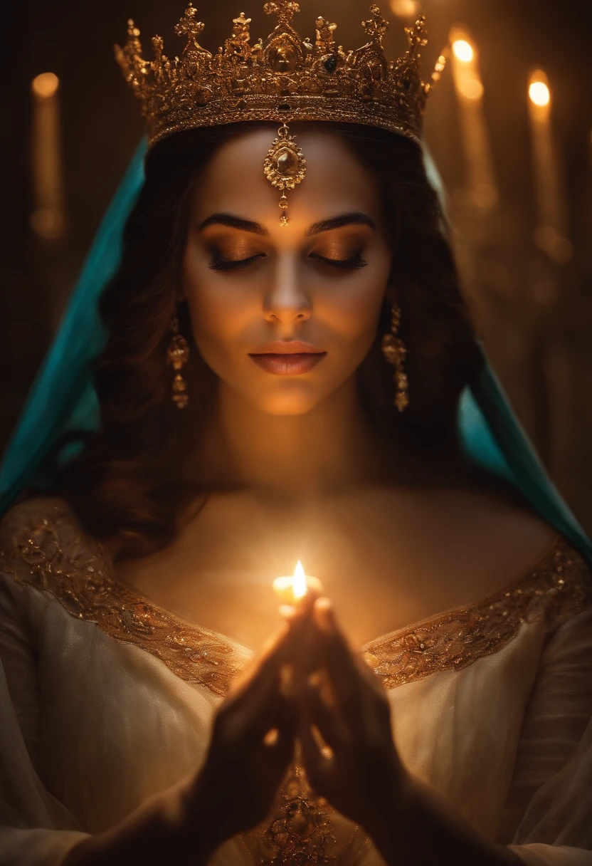 Crie uma imagem de ""nossa senhora com uma coroa"", rosto anjelical . Use symbolic elements, like outstretched hands or an aura of light, para representar sua divindade e poder.