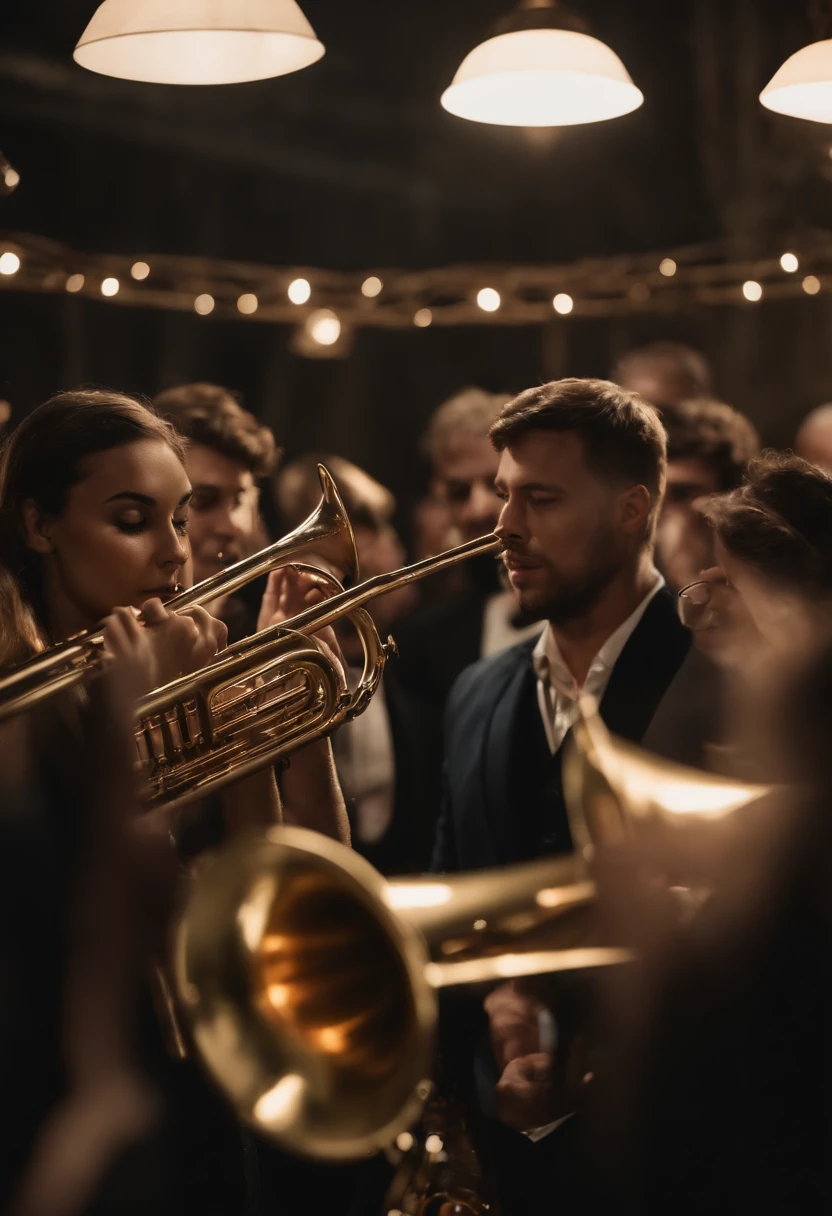 Uma grande orquestra de sopro com muitas pessoas garotas e garotos tocando, saxofones, flautas, trompete, trombone, clarinete, todos os instrumentos bem detalhados com garotos tocando na maior alegria jovens bonitos tocando, A setting of a large conservatory