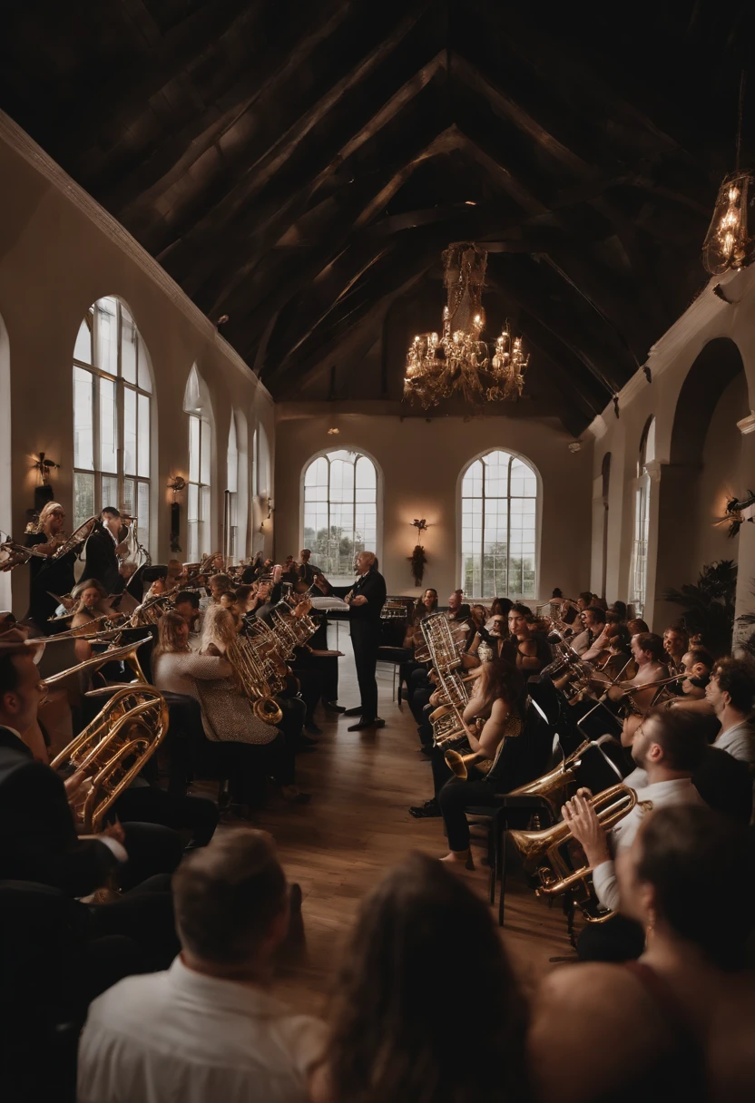 Uma grande orquestra de sopro com muitas pessoas garotas e garotos tocando, saxofones, flautas, trompete, trombone, clarinete, todos os instrumentos bem detalhados com garotos tocando na maior alegria jovens bonitos tocando, A setting of a large conservatory