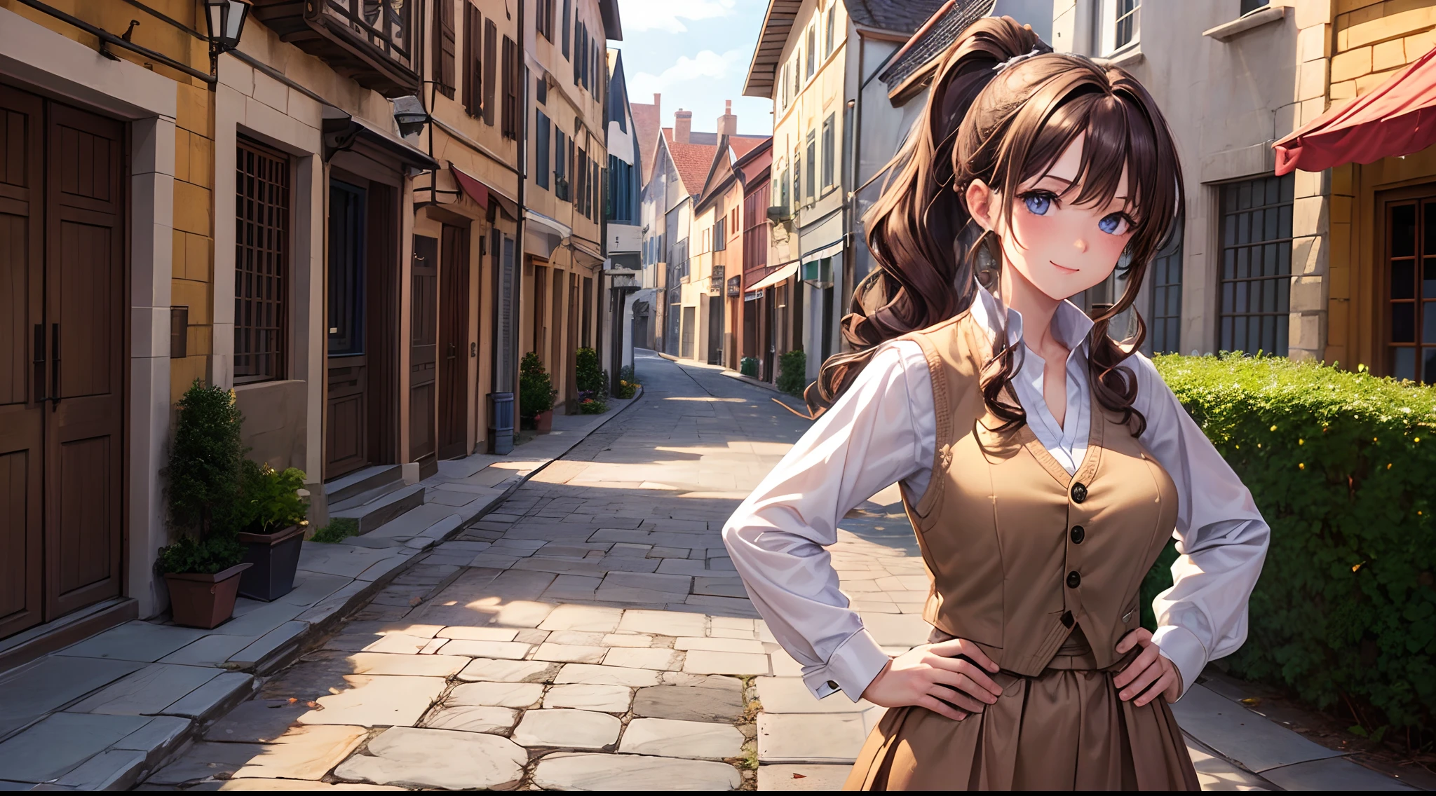 1girl, solo, front view, medieval village, street, long hair, brown hair, ponytail, curly hair, large breasts, white shirt, button down, ((opened shirt)), short-sleeved shirt, ((brown vest sweeter)), dark blue eyes, smile, long skirt, looking at the viewer, hands on hip