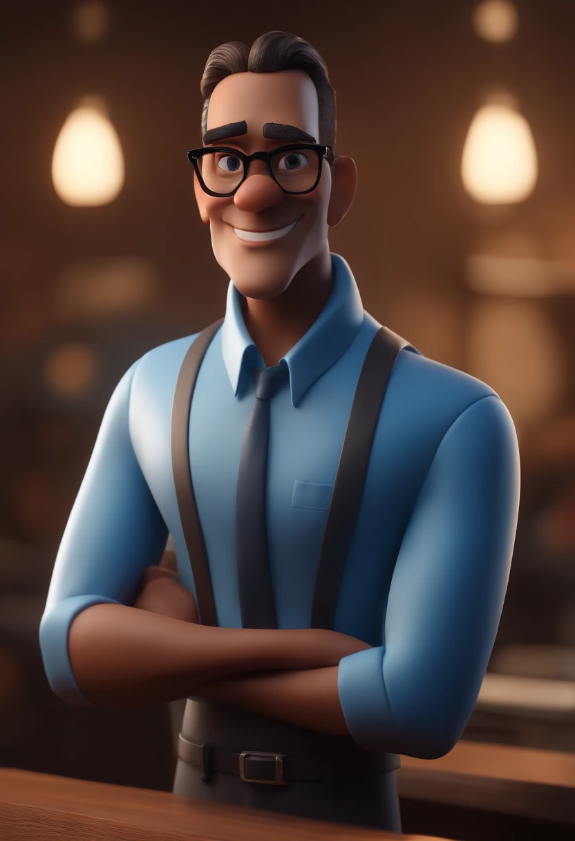 Cartoon character of a man with black glasses and a blue shirt, animation character, Caractere estilizado, animation style rendering, 3D estilizado, Arnold Maya render, 3 d render stylized, toon render keyshot, Personagem 3D, Personagem 3D, 3d rendering stylized, 3 d character render, personagem de desenho animado, Personagem de close up, Pose de personagem, (Estilo Pixar) (master part:1.2) (Bokeh) (best quality) (pele detalhada) (textura detalhada) (8k) (argila) (Cinematic lighting) (foco nítido