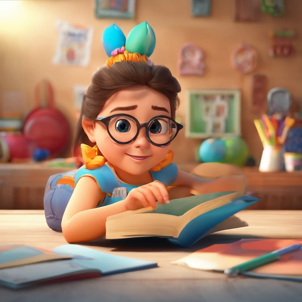 create a 3D movie poster inspired by Disney Pixar, The scene should be in Pixar's signature digital art style, com uma imagem caricatural que lembra uma mulher de 40 anos ,rosto redondo,olhos azuis ,oculos pretos,cabelo castanho pelos ombros,wears a white gown to teach a child to read.