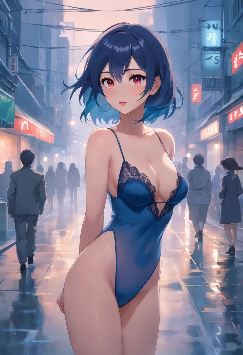 A stunning woman with ocean-colored hair, her tresses flowing down her back like the gentle waves of the sea. Her body is voluptuous, with big breasts and a round, plump ass that demands attention. She's dressed provocatively in a form-fitting, midnight-blue dress that hugs her curves and ends just above her knees. The fabric is sheer enough to tease, revealing hints of her black lace underwear beneath. Her makeup is flawless, with a bold red lipstick accentuating her full lips and smoky eyes that seem to hold secrets. The setting is an enigmatic one - the woman stands in the middle of a misty, foggy street, her presence commanding yet mysterious.