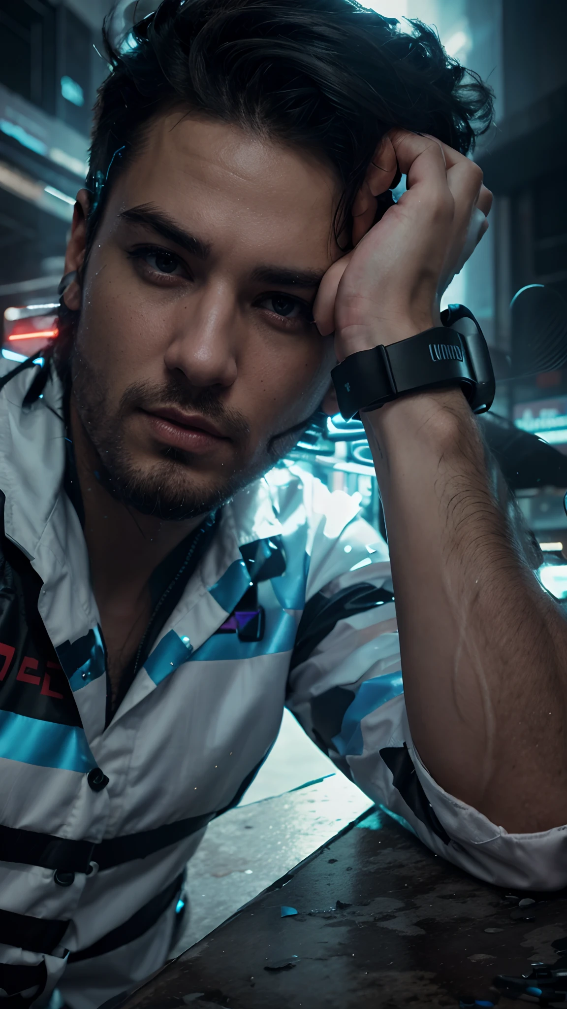Change background cyberpunk handsome boy realistic face 8k ultra realistic jeket blun