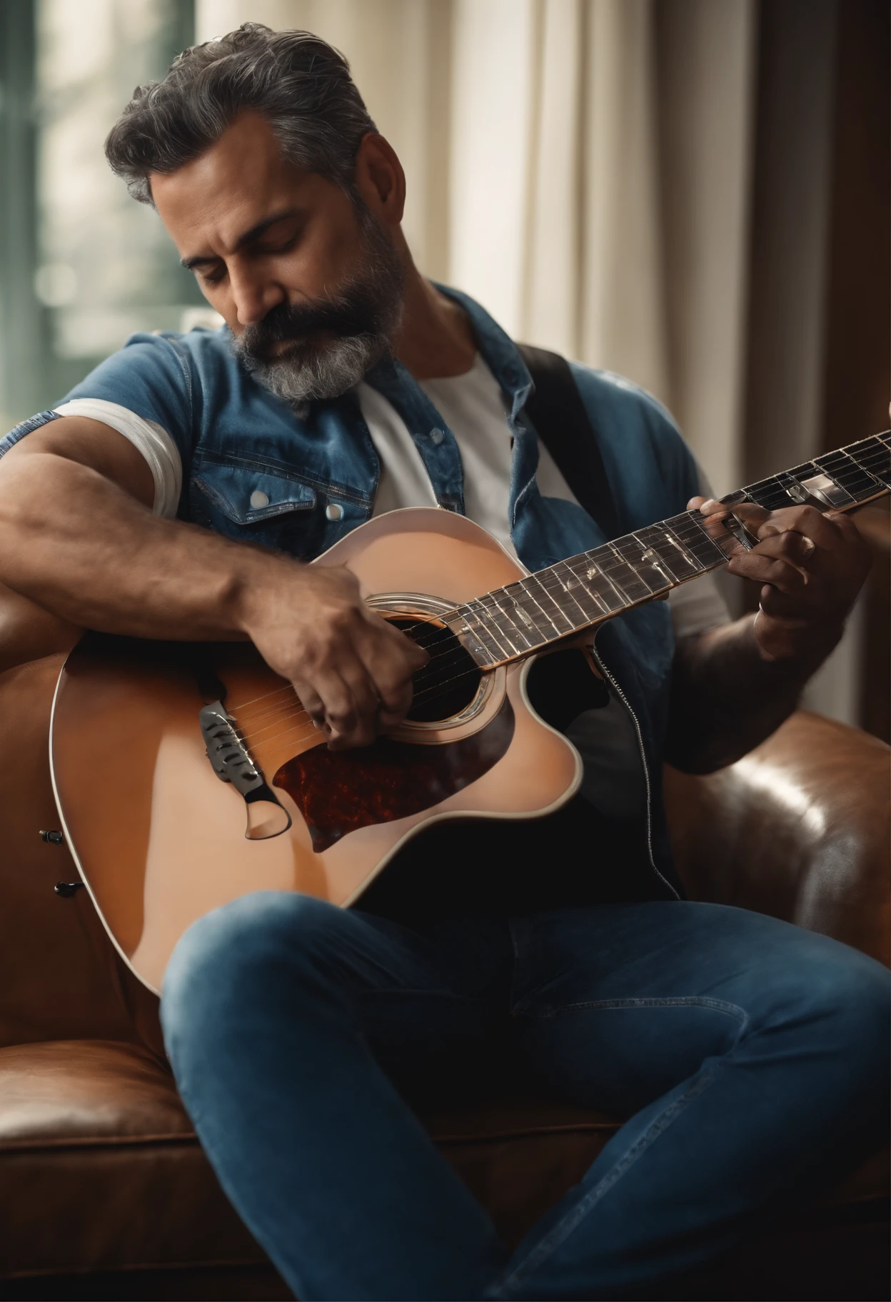 crie um banner no estilo Pixar. A 48-year-old man with Brazilian features, moreno pardo com cabelos curtos, Castanhos escuros, barba e bigode curtos, Smooth look ,usando uma camiseta branca com mangas azul, On top of the electric trio Wearing jeans and playing a 6-string electric hollow guitar.