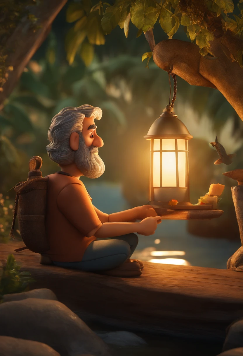 poster 3D inspirado na Disney/Pixar capturando uma cena com um homem de 45 anos, cabelo baixo, moreno, barba curta, cabelo preto, usando oculos, proximo a barcos pescando varios peixes, ele vai estar animado vendo a pescaria, mostrando a sua felicidade, proximo tem tambem algumas pessoas vendo a pescaria.