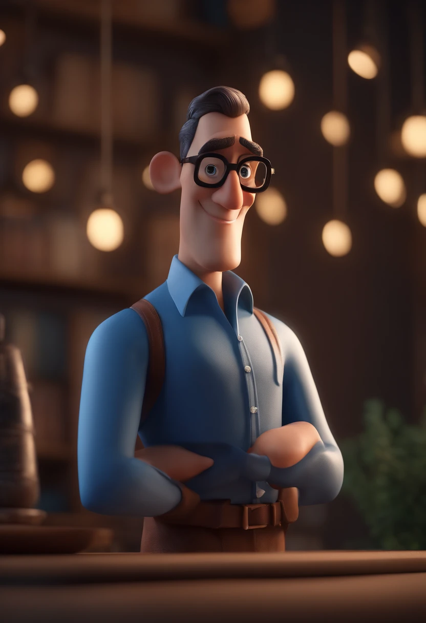 Cartoon character of a man with black glasses and a blue shirt, animation character, Caractere estilizado, animation style rendering, 3D estilizado, Arnold Maya render, 3 d render stylized, toon render keyshot, Personagem 3D, Personagem 3D, 3d rendering stylized, 3 d character render, personagem de desenho animado, Personagem de close up, Pose de personagem,  (Estilo Pixar) (master part:1.2) (Bokeh) (best quality) (pele detalhada) (textura detalhada) (8k) (argila) (Cinematic lighting) (foco nítido
