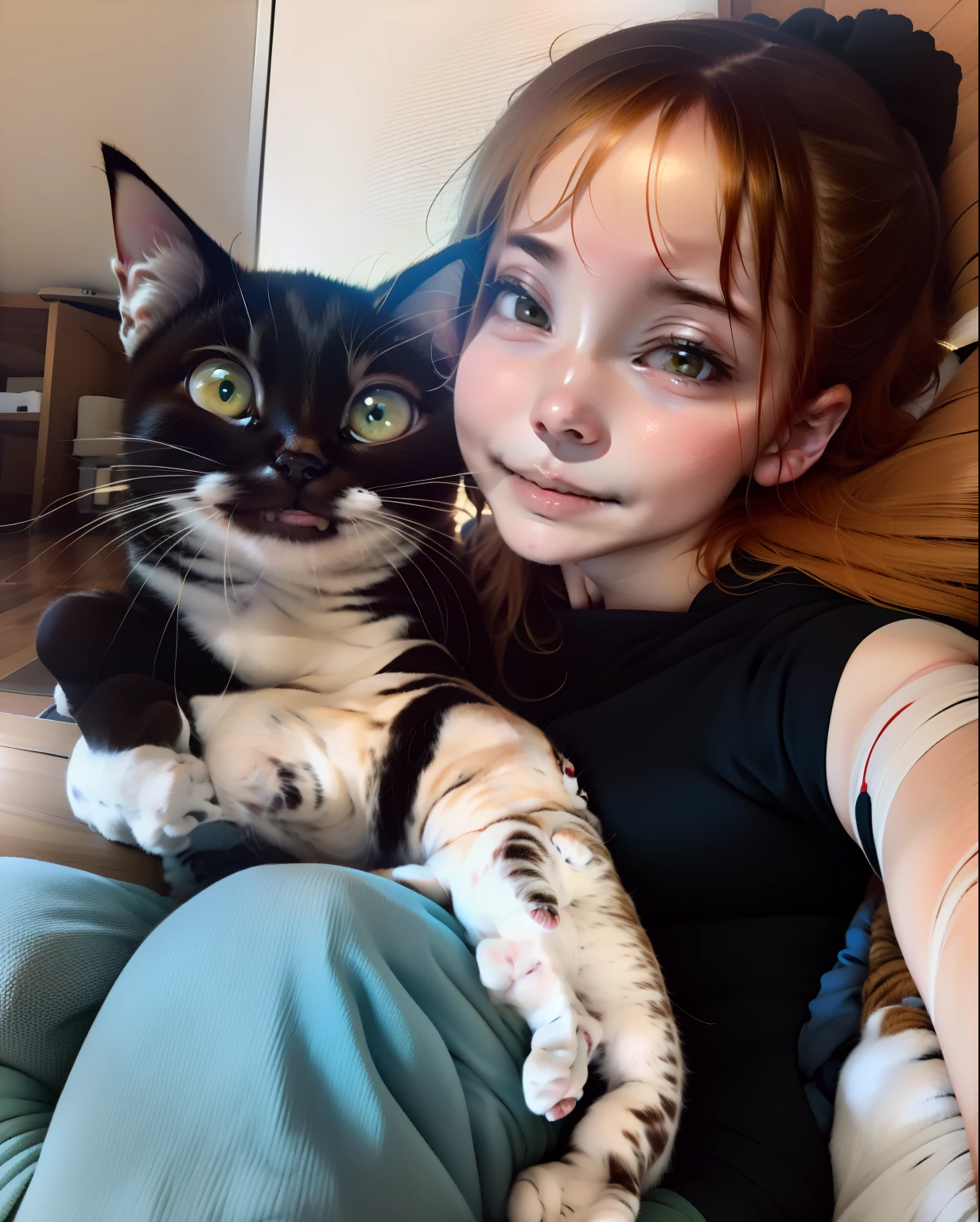 qualidade superior、Menina com cabelo preso e cacheado que segura um gato preto no colo、 com patinhas brancas e bigodes brancos , queixo branco e apenas uma parte do focinho branco , foto estilo desenho puxar