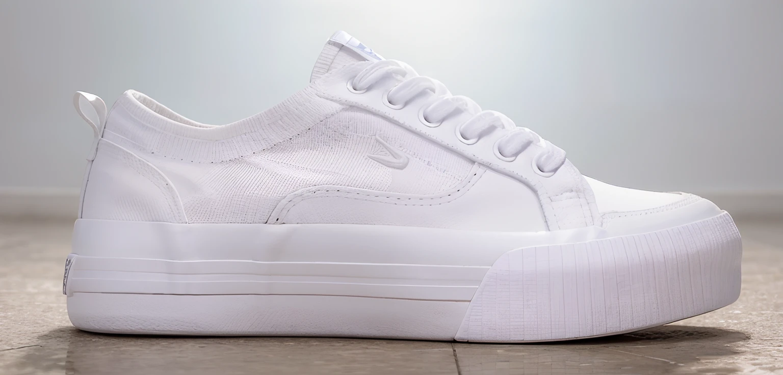 Una zapatilla de skate blanca sobre un fondo blanco. La zapatilla tiene un aparado de cuero blanco y una suela color blanco. The laces are also white. The lighting is clear and the image is sharp. El estilo es fotorealista. Detalles: La zapatilla debe estar ubicada en el centro de la imagen. La zapatilla debe estar bien iluminada, sin sombras ni reflejos. The image must be sharp and high-resolution. El estilo de la imagen debe ser fotorealista, con un enfoque en los detalles.