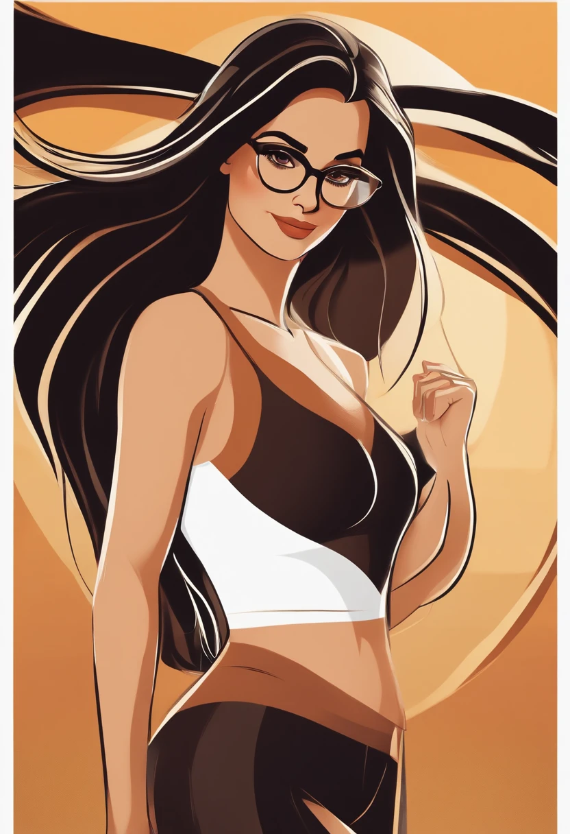 (Disney Pixar style film poster, 8k, high resolution, digital art,) digital art, Smiling WHITE woman in A SPORTS OUTFIT, cute woman, (hot woman, cute), 8k image, photo of a WHITE woman, STRAIGHT BLACK hair , LONG hair, 40 year old woman, BROWN EYES, FULL BODY, Disney Princess character of a woman with LONG, STRAIGHT hair with golden highlights, HOT body, looking forward, facing the camera, characters, woman WITH GLASSES BLACK SQUARE, beautiful digital illustration, in digital illustration style, character design portrait, (1pixar style, Disney style, digital art)