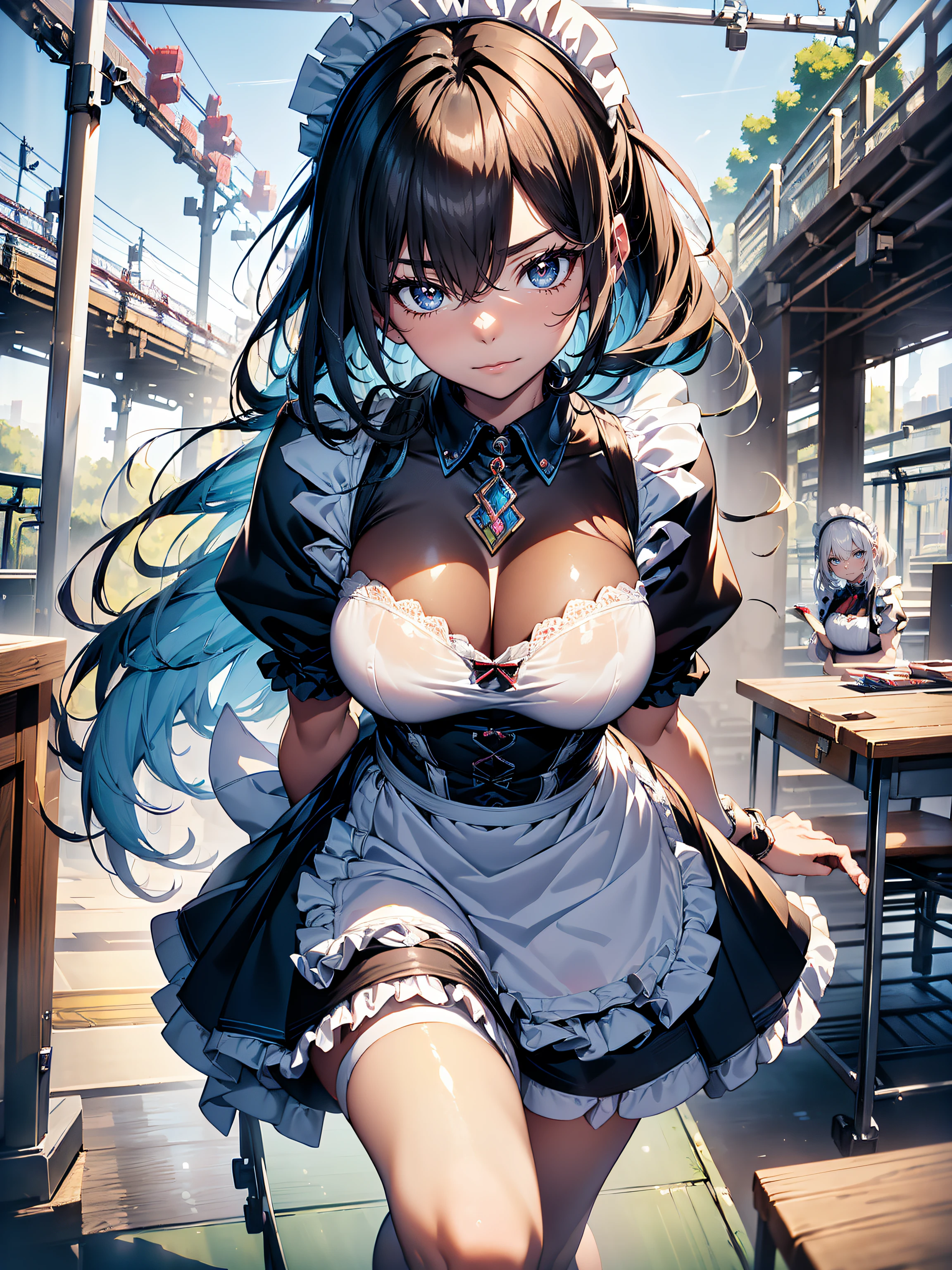 ((maid clothes)),hiquality, hight resolution, ultra-detailliert, high-level image quality, hightquality, anime illustrated, (finely detailed beautiful eye: 1.2), Detailed eye depiction, (finely detailed eyes and detailed face:1.3), (extremely details CG, Best Shadow:1.1), Depth of field and blur, (Perfect Detail: 1.1) , digitial illustration, Enamel Art, Center, Watercolor painting, art stations, concept-art, character sheets, Lightning Wave, beautiful anime watercolors, Vibrant colors, Sharp Focus, art by:hyung tae kim, Fine detail, intricate detailes, Curvaceous body, Detailed eye depiction, Vibrant colors,((Nervous look before riding a roller coaster))