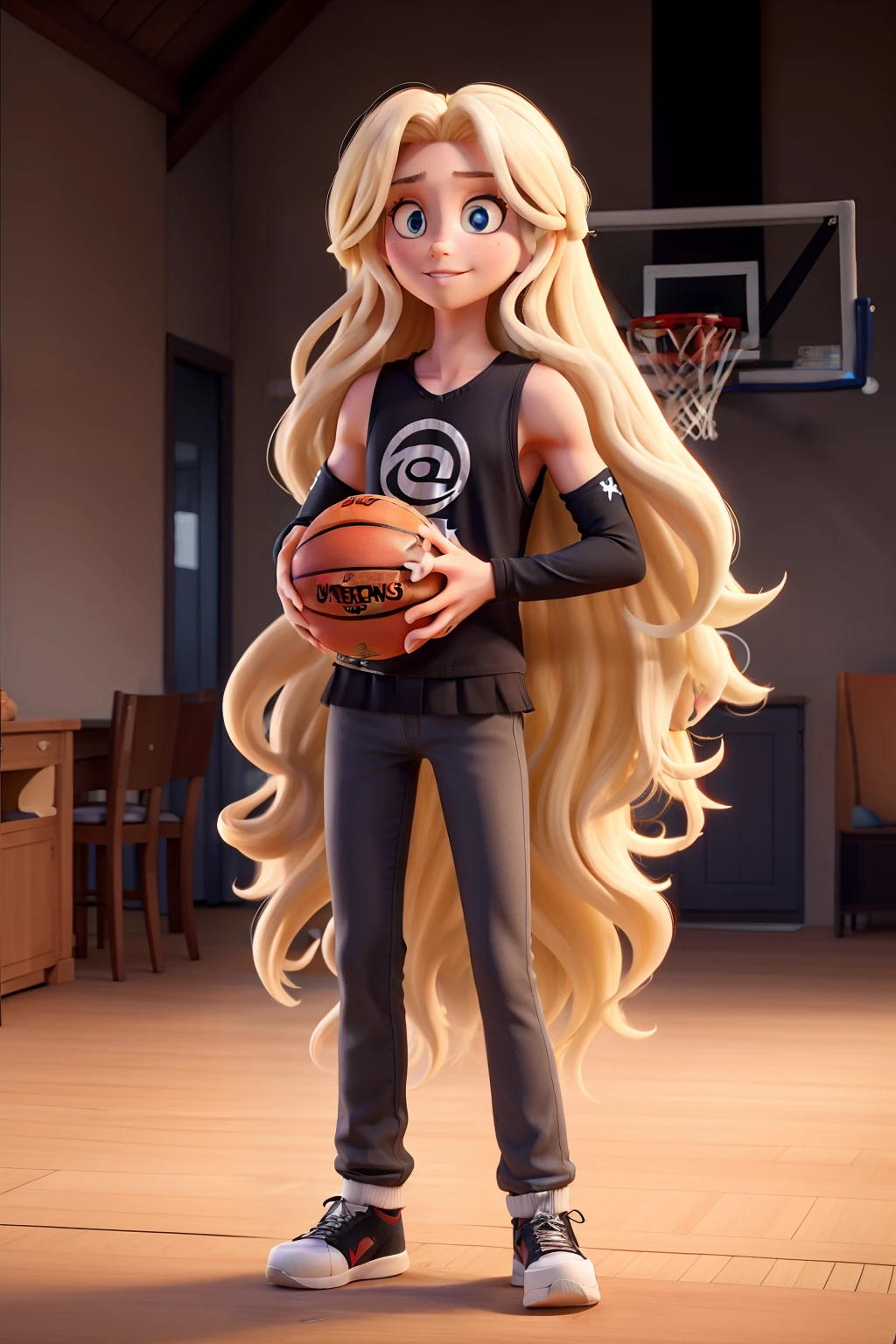 Long haired blond goth, olhos azuis, The favorite sport is basketball, vestimentas escuras, Standard Height