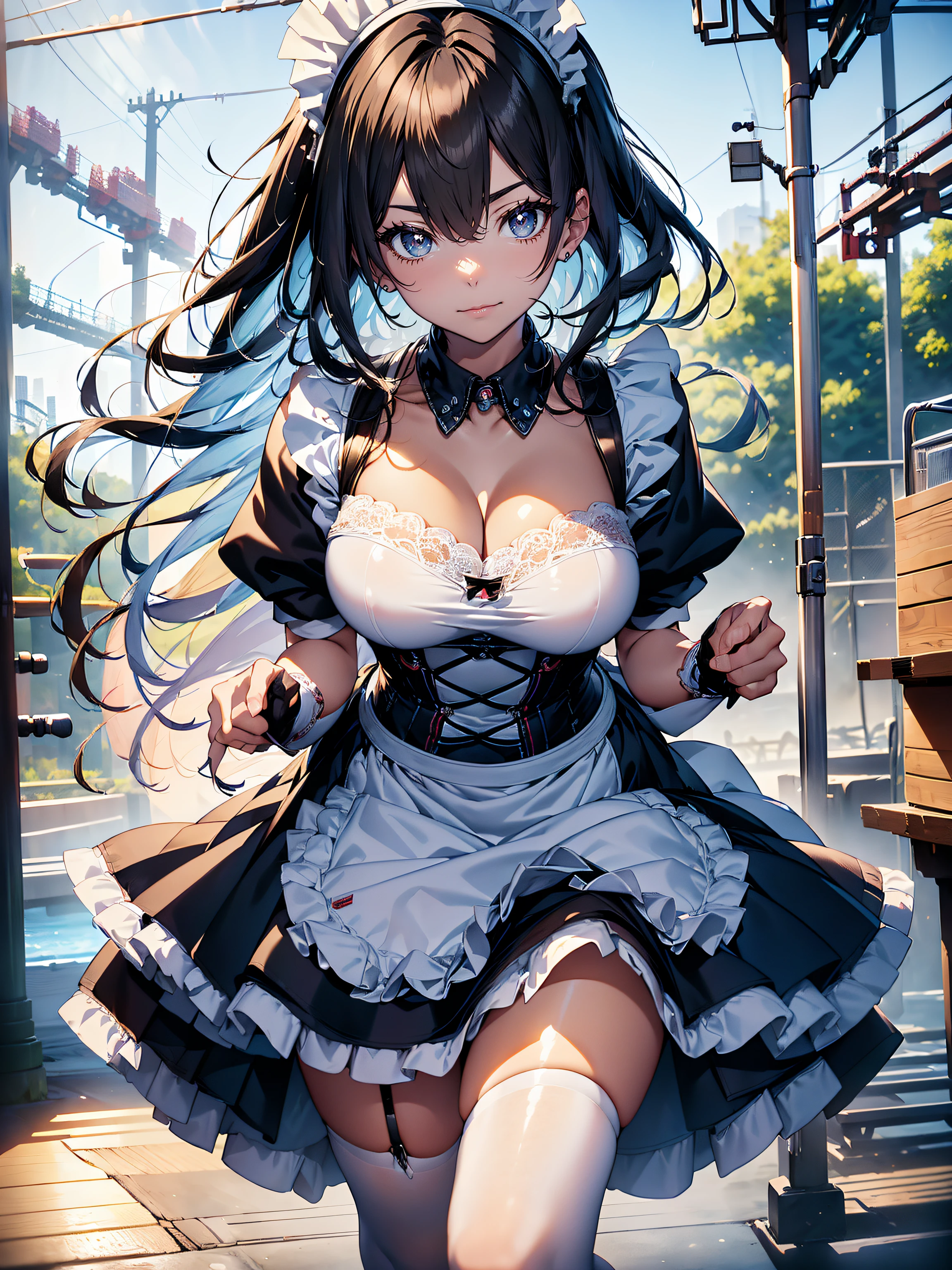 ((maid clothes)),hiquality, hight resolution, ultra-detailliert, high-level image quality, hightquality, anime illustrated, (finely detailed beautiful eye: 1.2), Detailed eye depiction, (finely detailed  eyes and detailed face:1.3), (extremely details CG, Best Shadow:1.1), Depth of field and blur, (Perfect Detail: 1.1) , digitial illustration, Enamel Art, Center, Watercolor painting, art  stations, concept-art, character sheets, Lightning Wave, beautiful anime watercolors, Vibrant colors, Sharp Focus, art by:hyung tae kim, Fine detail, intricate detailes, Curvaceous body, Detailed eye depiction, Vibrant colors,((Nervous look before riding a roller coaster))