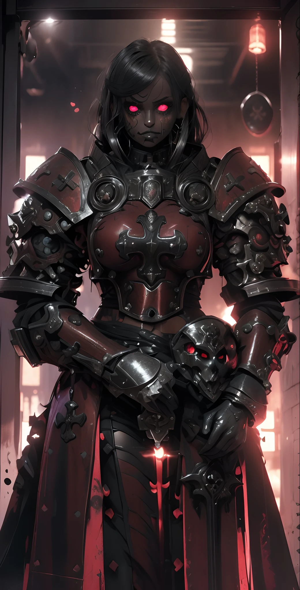 (battle power armor), ((***********)) , (gothic style), dark skin , bellybutton, The most beautiful and sexy demon goddess, long ashy hair, glowing red eyes, wearing detailed black gothic battle armor, (tattoos and piercings), gothic castle, perfect masterpiece, high quality, high resolution, ((horror girl)), blood big armor, naked, ,FFIXBG, ((a heart on the mile, 8k, clear eyes, sharp pupils like a cat, (((battle makeup))),