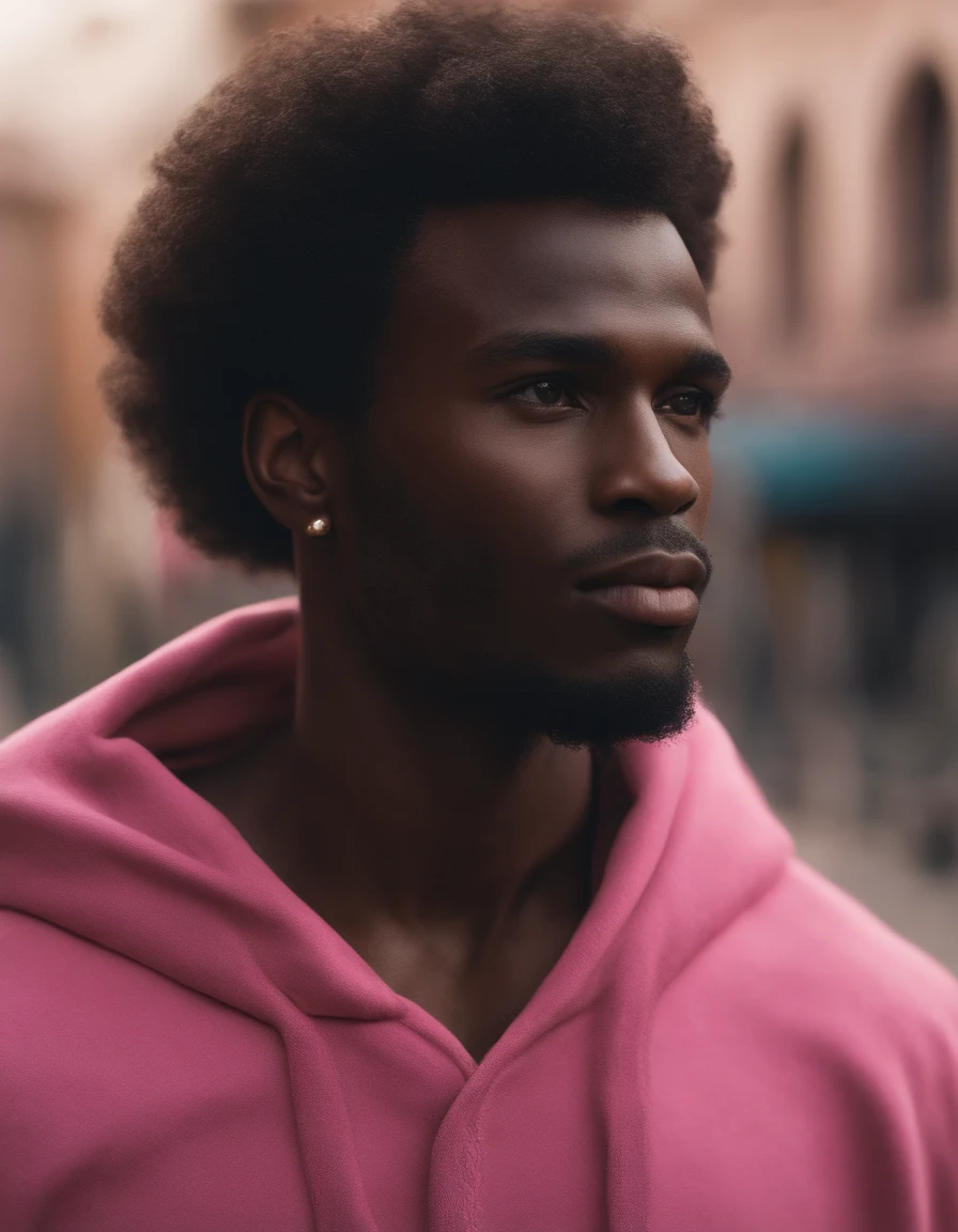 Man with black skin, souriant, dents blanches, curly hair, type antillais, arched eyebrows, Wear a pink hoodie, Longs favoris, barbiche triangulaire, Porter une cape noire, torse nu, tenant un trident, Ultra detailded, ultra realist, 8k