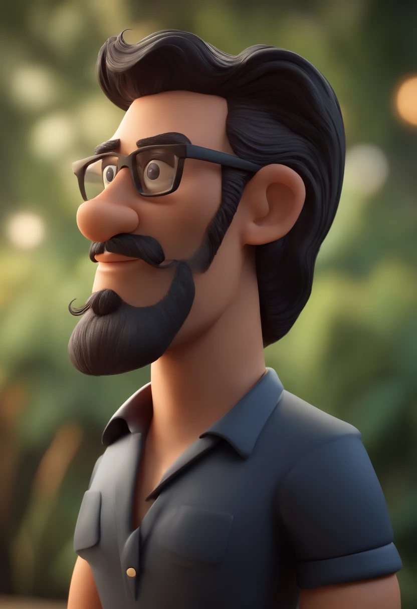 Cartoon character of a man with black glasses and a black polo shirt, cabelo liso, With beard and old school tattoo on his arm, animation character, Caractere estilizado, animation style rendering, 3D estilizado, Arnold Maya render, 3 d render stylized, toon render keyshot, Personagem 3D, Personagem 3D, 3d rendering stylized, 3 d character render, personagem de desenho animado, Personagem de close up, Pose de personagem,  (Estilo Pixar) (master part:1.2) (Bokeh) (best quality) (pele detalhada) (textura detalhada) (8k) (argila) (Cinematic lighting) (foco nítido