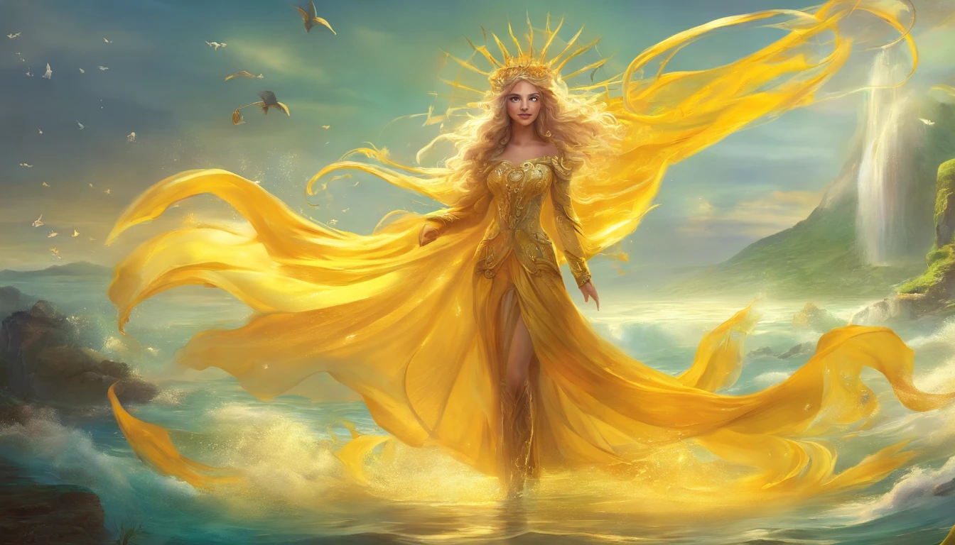 homem vestido amarelo segurando um trofeu e subindo escadas feliz, photoshoot real rainha dos oceanos, fantasy photoshoot, epic 3 d oshun, irradiando luz dourada, como a deusa do sol, luz solar dourada