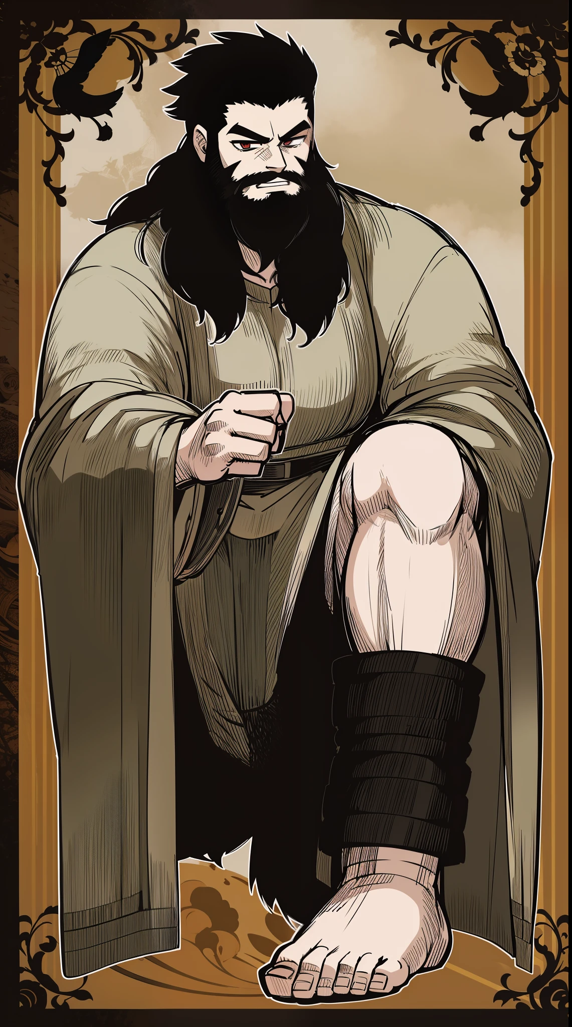 black hair ma, hairy man, very hairy, beard,fatman, tunic, wizard
