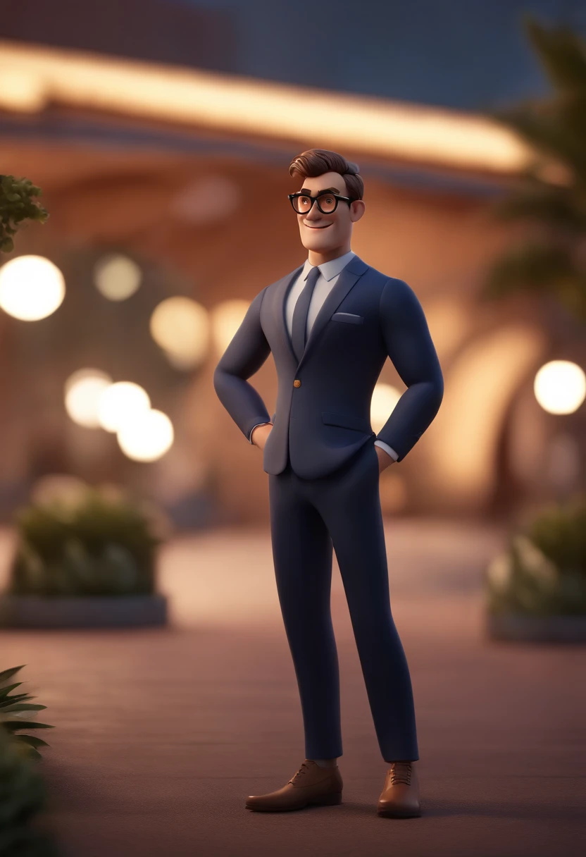 Cartoon character of a man wearing black glasses and a blue shirt, um personagem animado, Caractere estilizado, animation style rendering, 3D estilizado, Arnold Maya render, 3 d render stylized, toon render keyshot, Personagem 3D, Personagem 3D, 3d rendering stylized, 3 d character render, personagem de desenho animado, Personagem de close up, Pose de personagem, (Estilo Pixar) (master part:1.2) (Bokeh) (best quality) (pele detalhada) (textura detalhada) (8k) (argila) (Cinematic lighting) (foco nítido，Senta e vaza a parte superior do corpo