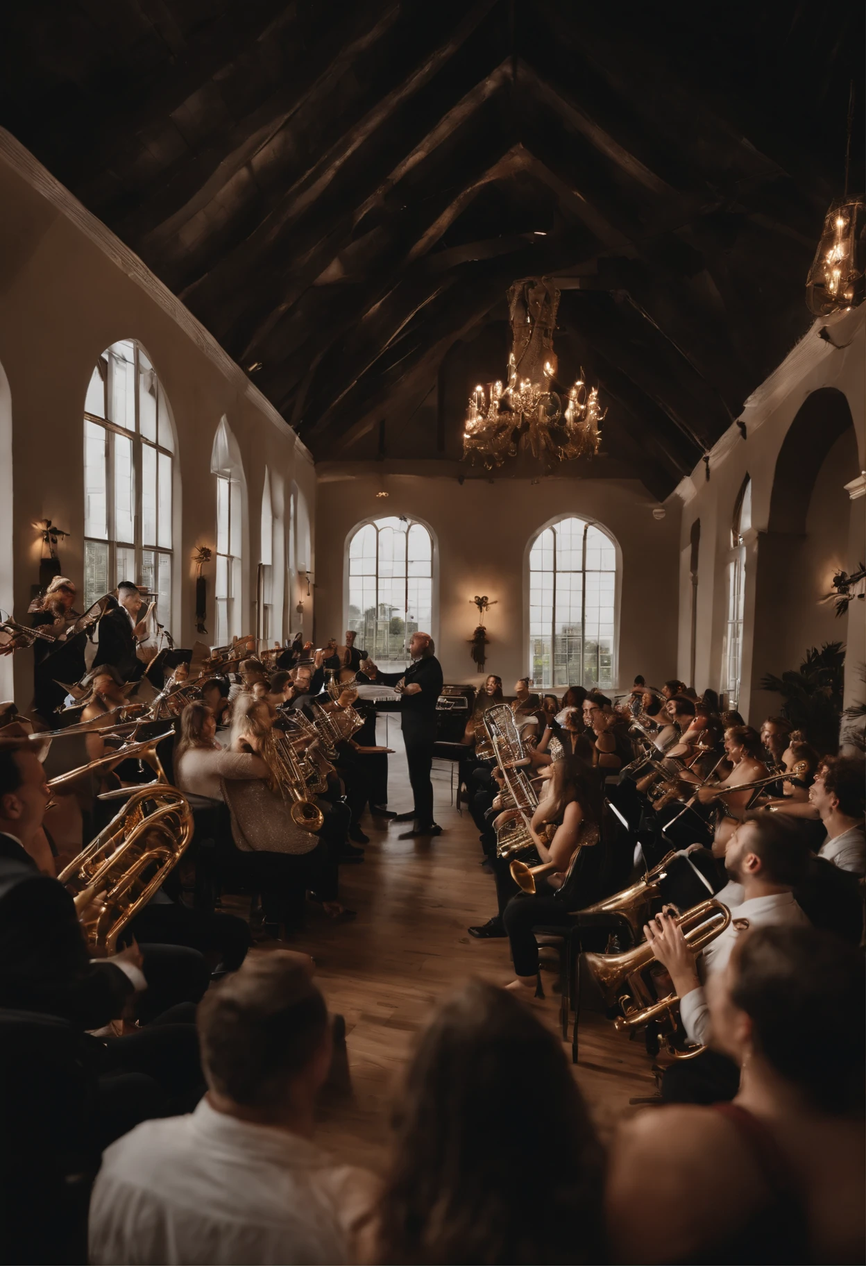 Uma grande orquestra de sopro com muitas pessoas garotas e garotos tocando, saxofones, flautas, trompete, trombone, clarinete, todos os instrumentos bem detalhados com garotos tocando na maior alegria jovens bonitos tocando, A setting of a large conservatory