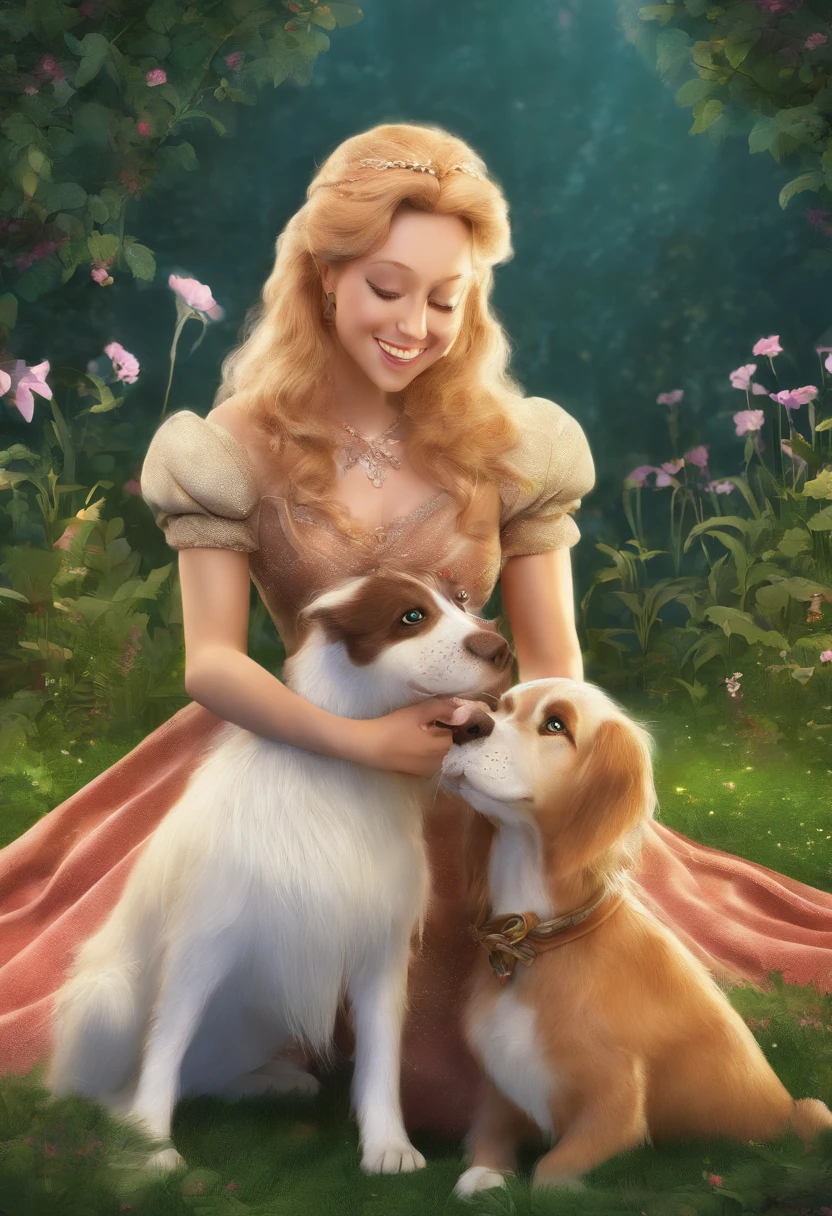 Make a woman kneeling petting a dog in a grassy area, com algumas flores e grama no fundo, como Disney Cartoon, Pixar, ..3d, Disney