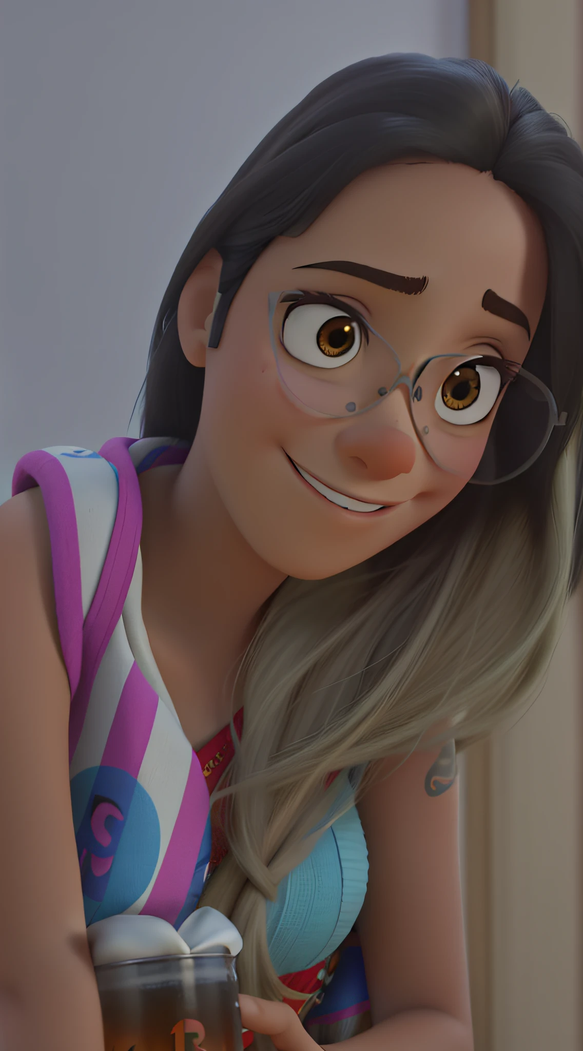 poster estilo disney pixar, morena, Holding a liter of beer, fundo branco. alta qualidade melhor qualidade.