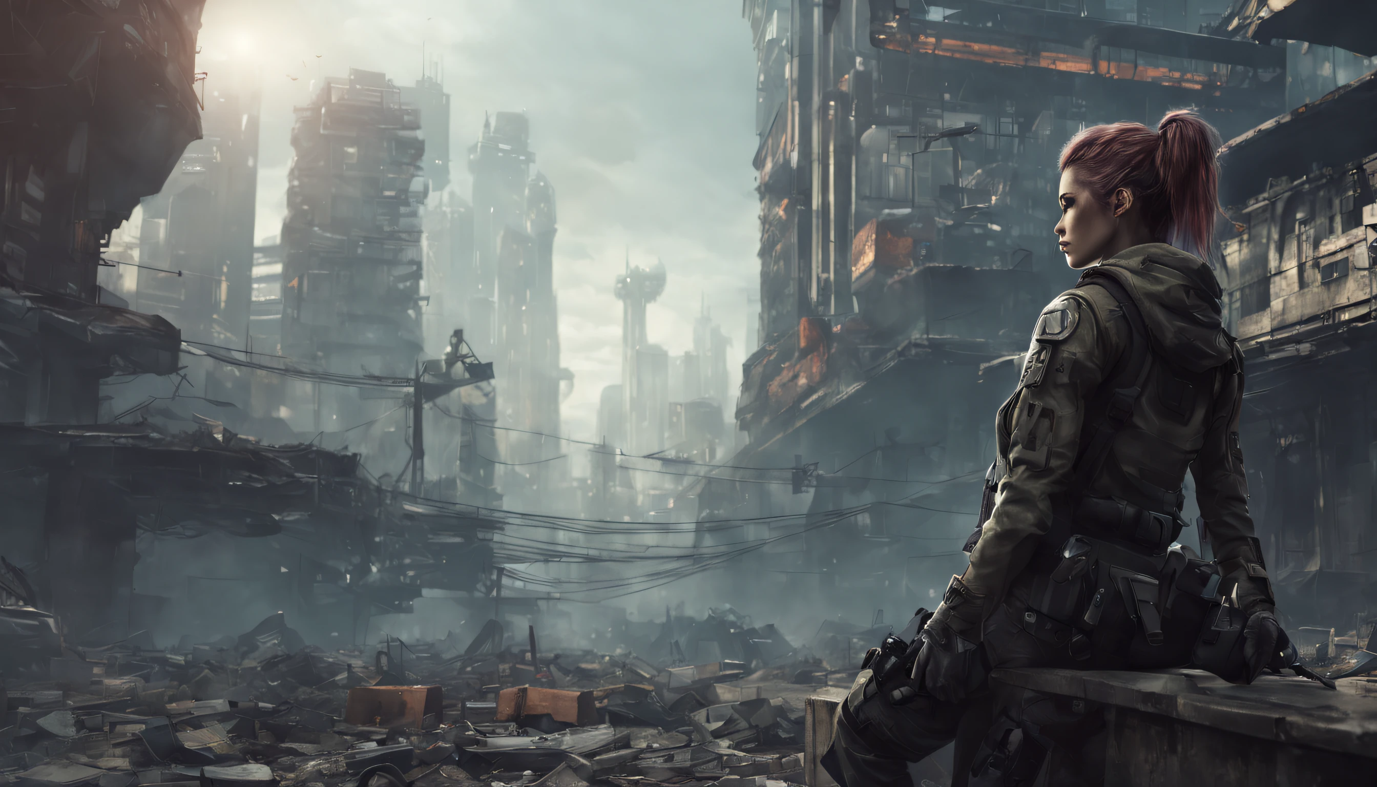 dystopian future, Cityscape, Lonely woman in tactical clothes looks into the distance, imundo, Cyberpunk deprimente, wide angle